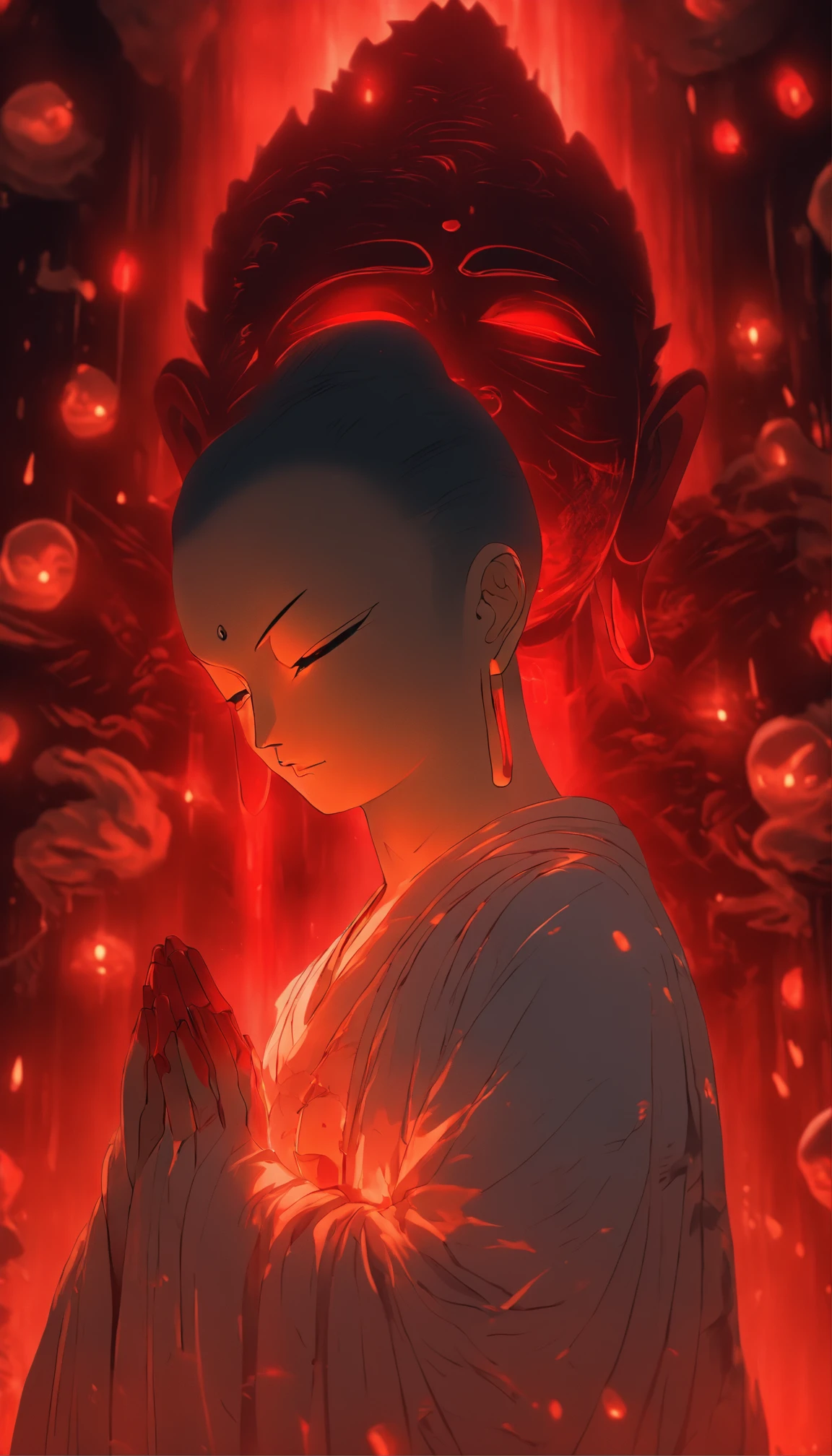 Blood red room, Flashing white TV screen, BUDDHA STATUE, cabelos preto e longos, with hair dishevelled, Cover one eye and face, Bright red eyes, Wearing a white transparent robe, Looming full breasts,Fierce spirits,devil, reaching out her hands,Straighten your body, Red nails are exposed, Pinch the camera, hyper HD, Anatomically correct, Textured skin, Super detail, High details, High quality, A high resolution, 8K, hyper HD, Anatomically correct, Textured skin, Super detail, High details, High quality, Best quality, 8K,Leishnampo,Room 2,Horror