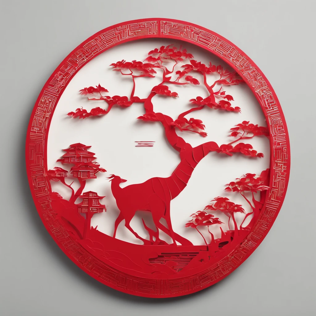 Flat paper cut style,((Ancient Chinese Women)),sportrait,red colour,Paper,Color blocking,((round form))