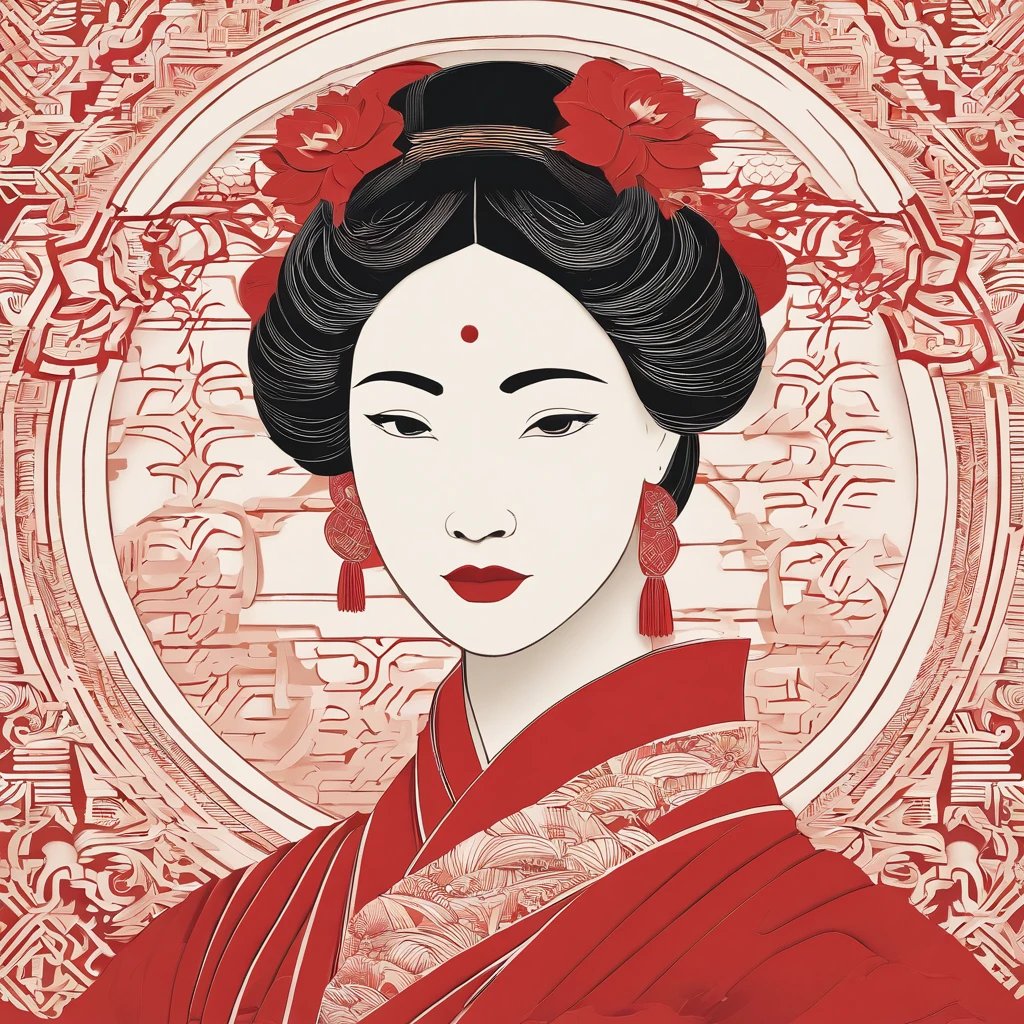 Flat paper cut style,((Ancient Chinese Women)),sportrait,red colour,Paper,Color blocking,((round form))