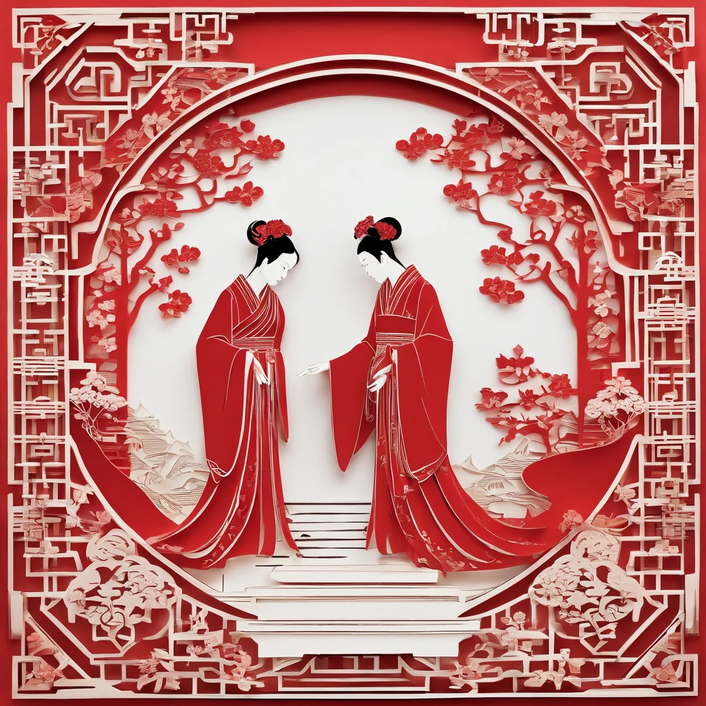 Flat paper cut style，((Ancient Chinese Women))，sportrait，red colour，Paper，Color blocking，((round form))