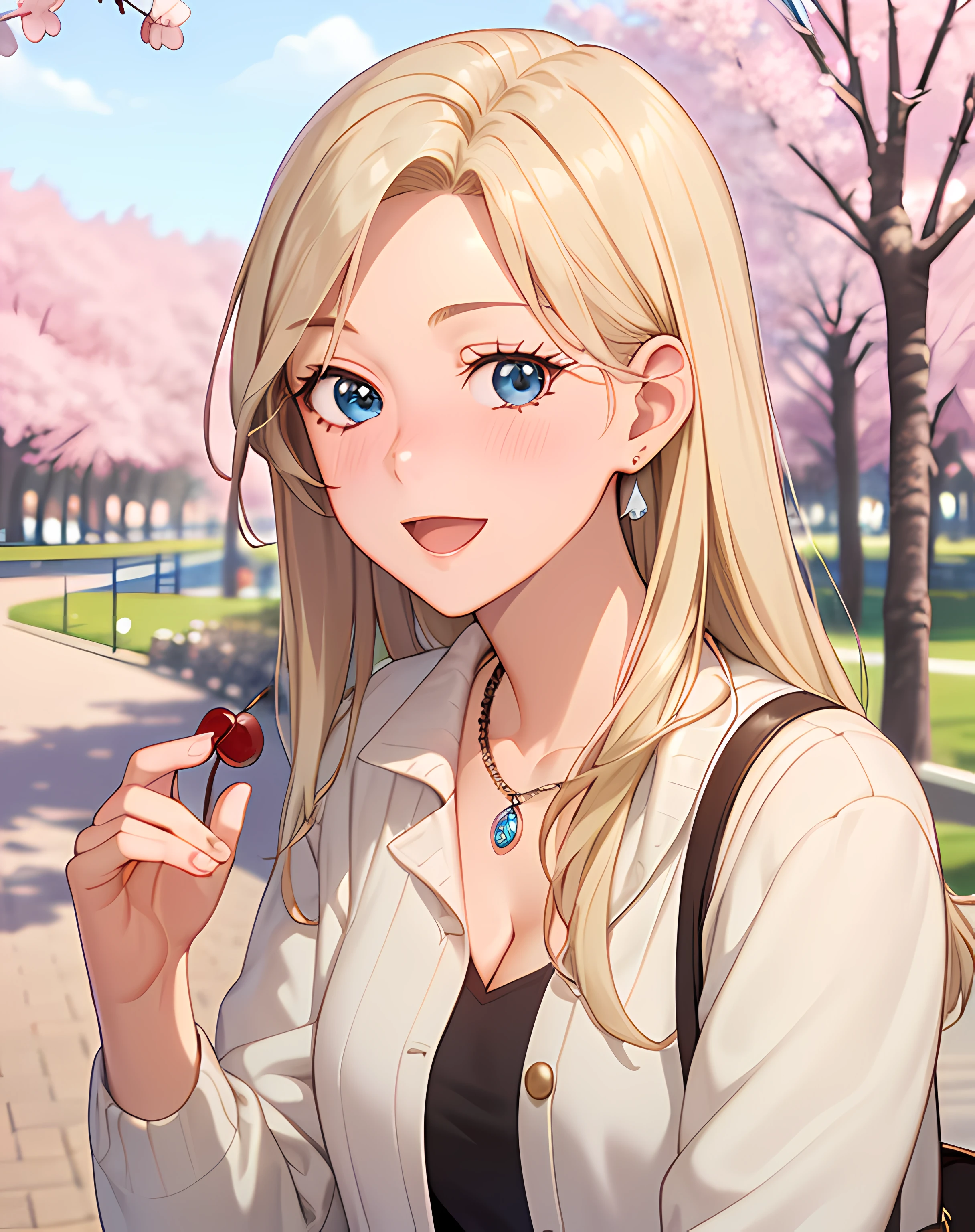 ((masterpiece, best quality, highres, UHD, RTX, perfect pixel, depth of field, 4k, extremely-detailed))), 1girl, single, solo, beautiful anime girl, beautiful artstyle, anime character, ((long hair, parted bangs, blonde hair)), ((blue eyes:1.4, rounded eyes, beautiful eyelashes, realistic eyes)), ((detailed face, blushing:1.2)), ((smooth texture:0.75, realistic texture:0.65, photorealistic:1.1, anime CG style, vibrant color)), ((medium breasts, cleavage:0.9, busty)), dynamic angle, perfect body, ((POV, dynamic pose, portrait)), ((white sweater, long sleeve, black skirt, fashionable, single handbag, 1diamond necklace)), smile, open mouth, amusement park, ((cherry blossom tree, cherry blossoms fall))