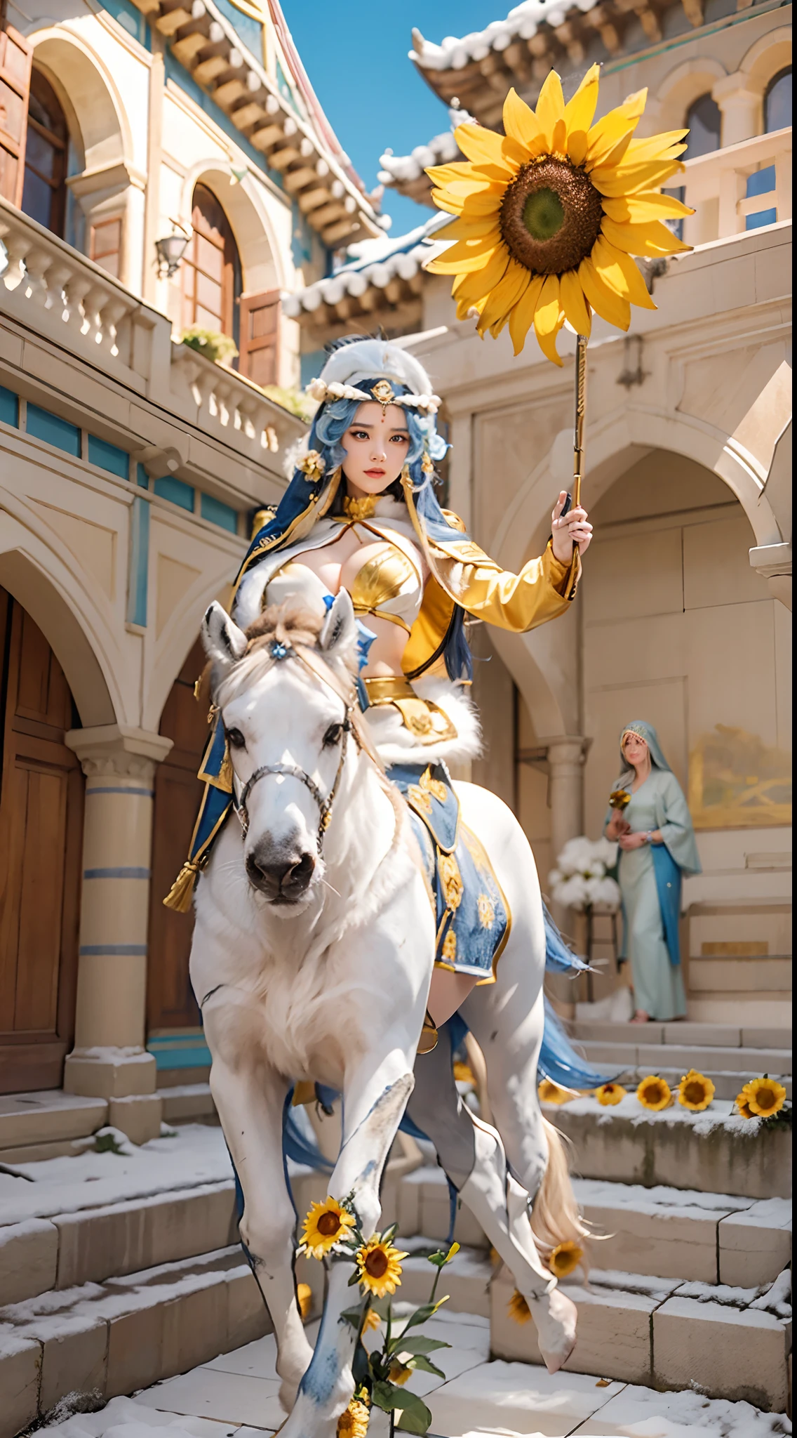 In a very grand scene,The extra-large wide-angle lens captures the appearance of a female centaur。She is a Sunflower Worship nun。She is tall,It has the ultimate curvy beauty,The muscles are slender and firm,Beautiful lines。She has(Super huge sky blue eyes:99.99),Always with sexy glasses。(She wears solemn nun attire:9.9),Stepping on a boot-style skyscraper-heel,A pink cross hangs from his chest。(In front of her is the world's only knitted sunflower potted plant with a super healing smile:99.99),This is the icon of God woven from high-grade yarn。Use Midjourney's advanced tools,Design noble and solemn nun costumes for female centaurs,and highlight her unique physiological characteristics and appearance details,Add realism。And in the context of her prayers and listening to confessions,Spectacular views of nature,Such as the sky where storms and sunny days alternate、Brilliant rivers of stars and auroras、The snow-capped summit of Mount Everest、Fireworks in the mountain town, etc。ao mesmo tempo,Away from the hustle and bustle next to the chapel,Create a fantastic scene。Use Midjourney's advanced tools and multiple color palettes、Brush Strokes、Texture tools and model packages,It shows a sense of atmosphere where beauty and charm coexist。The charm of the female centaur is highlighted through color and lines,Enhance realism with detailing,Create a surreal dreamy feeling。Additionally,Use Midjourney's tools to add various exorcism props and books to the female centaur、pergaminhos,Create intricate hairstyles and outfits,Give her a sense of premium。She never flinches,No matter what monster you encounter,can respond quickly,Even the most extreme armies of natural disasters and monsters could not stop her and her front(The only sunflower in the picture with the Tyndall effect exuding sunlight:999.9)。Use Midjourney's powerful tools,You can do it with incredible detail and beauty,Bring this ultra-grand and beautiful scene to life。Ultra-grand scenes,super wide shot, hdr,(真实感,Masterpiec