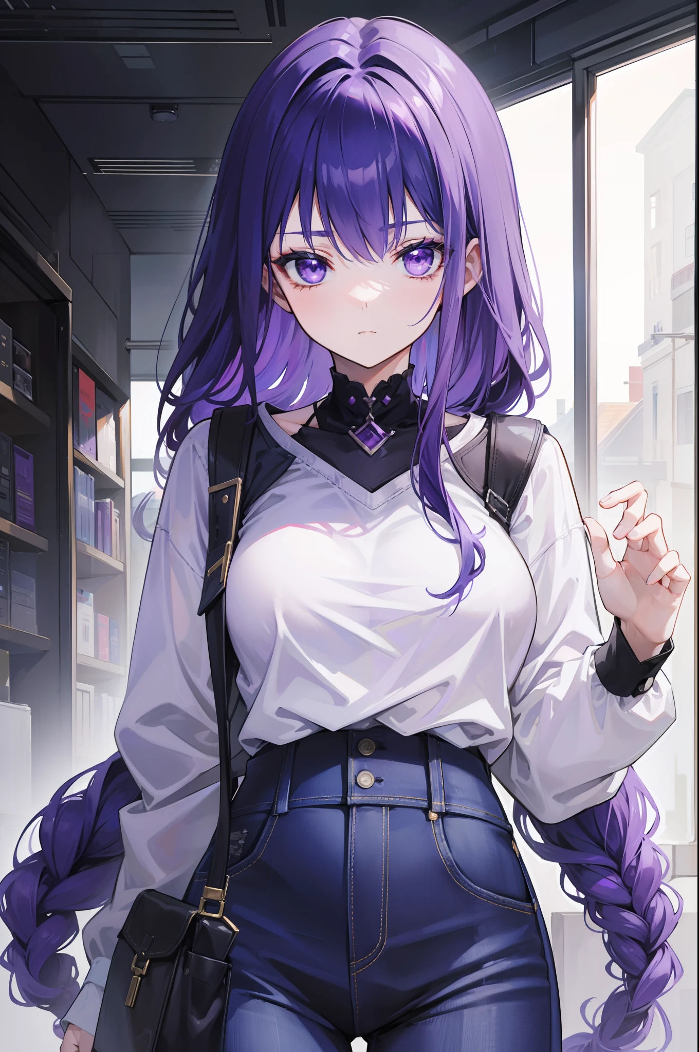 Anime girl with purple hair and a white shirt and black pants - SeaArt AI