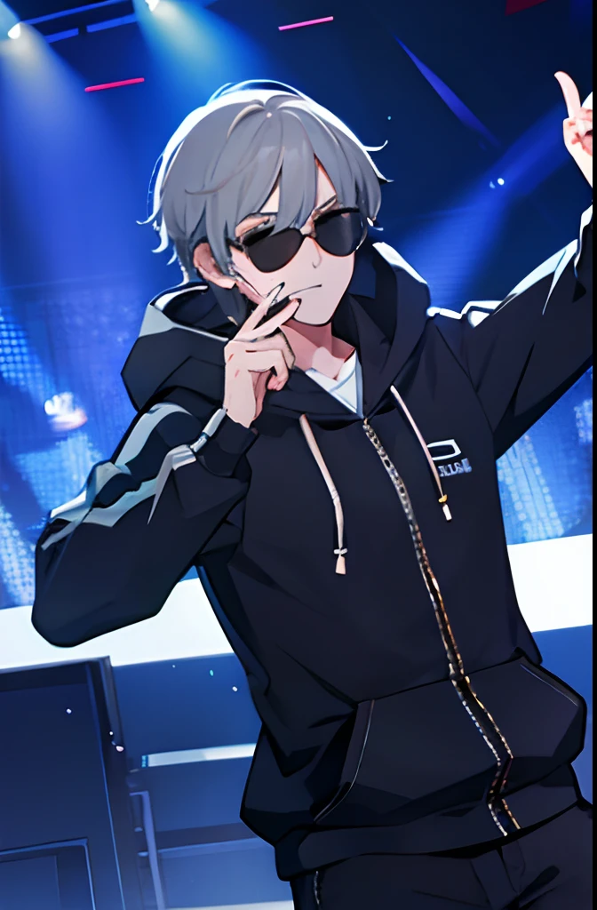a boy with grey hair singing on stage with light show, wearing a hoodie and sunglasses while having a head mic