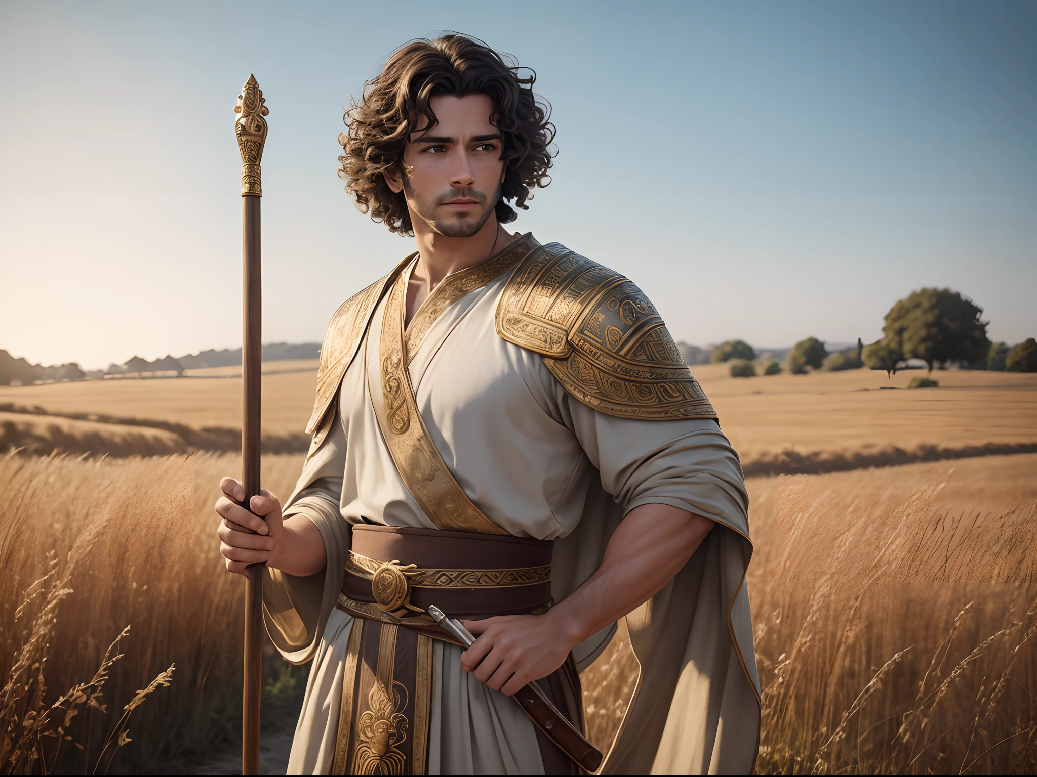 Amphion. Realistic photo. Photo from the waist up. Handsome man from ancient Greece. Curly brown hair. He wears a long gray and gold Greek tunic. In his hand, a wooden cane. It is located in an open field with cattle in the blurred background.... ((Masterpiece)). Professional photography, ultra-sharp focus. Analog RAW photography, 80mm f2.8 lens, Best quality, Ultra detailed, 64k, Intricate details, Fine detail, Detailed rendering, Realistic detail. Detailed hands, perfect eyes, detailed face, natural pose.