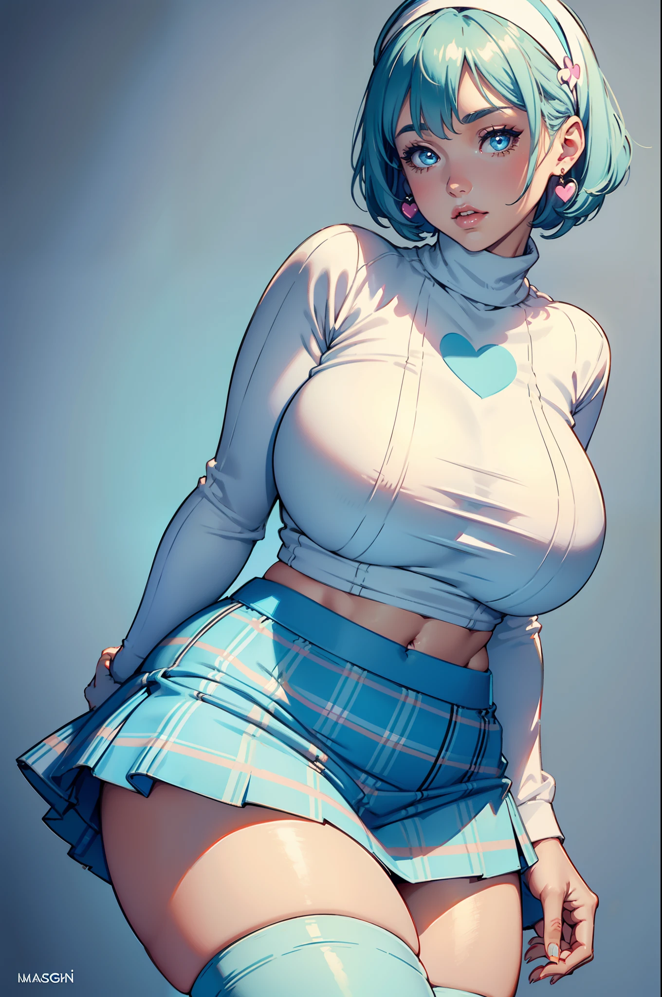 Best quality, solo mature woman, giant breasts, giant ass, very curvy, hush haircut with white headband, pastel blue coloured eyes, full lips, seductive, cute cropcut sweater, plaid skirt, thigh high skirt, claw hairclip, heart earrings