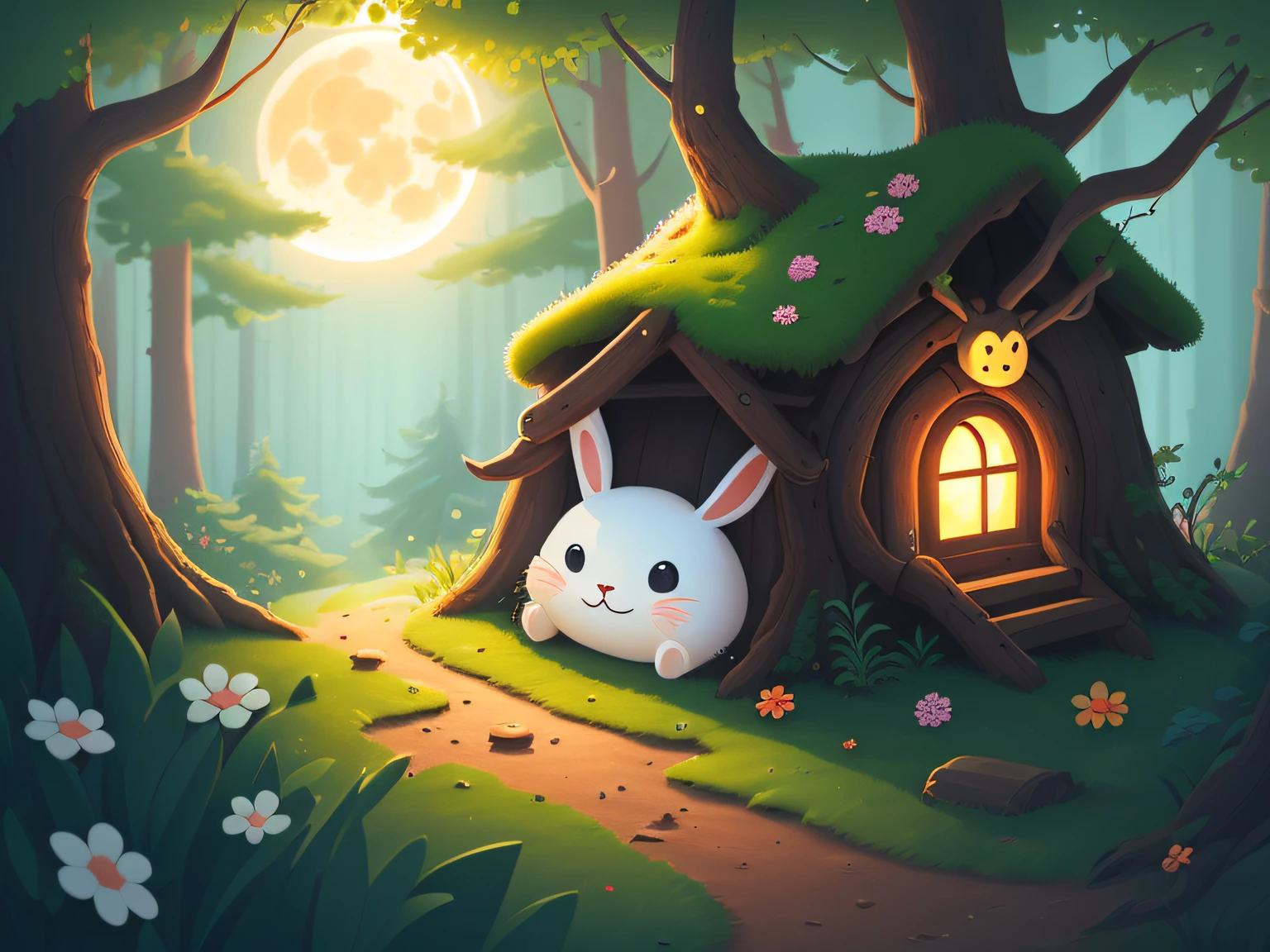 the night，A bright moon in the sky，In the forest，The bunny returned to his house，Lie down in bed，Smiling。