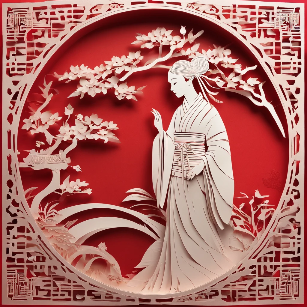 Flat paper cut style,((Ancient Chinese women)),sportrait,red colour,Paper,Color blocking,((round form))