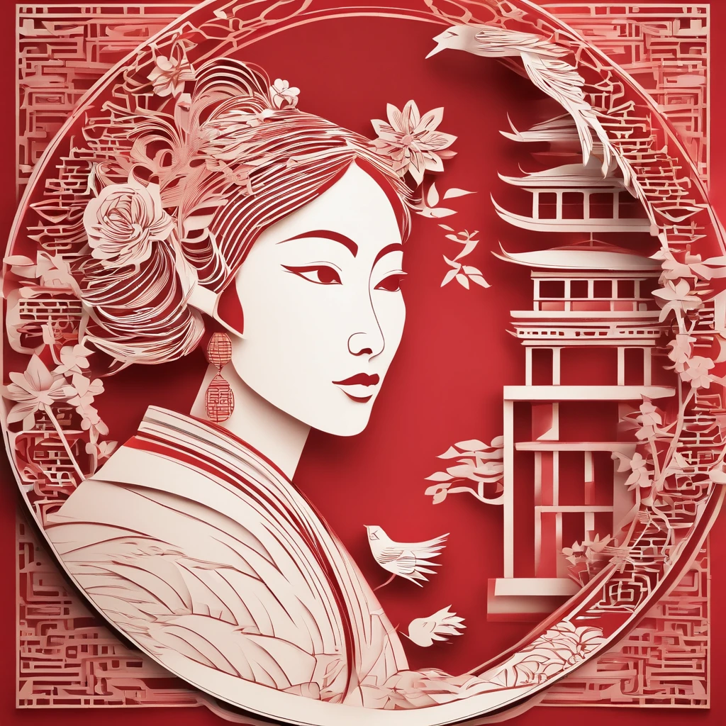 Flat paper cut style，((Ancient Chinese women))，sportrait，red colour，Paper，Color blocking，((round form))