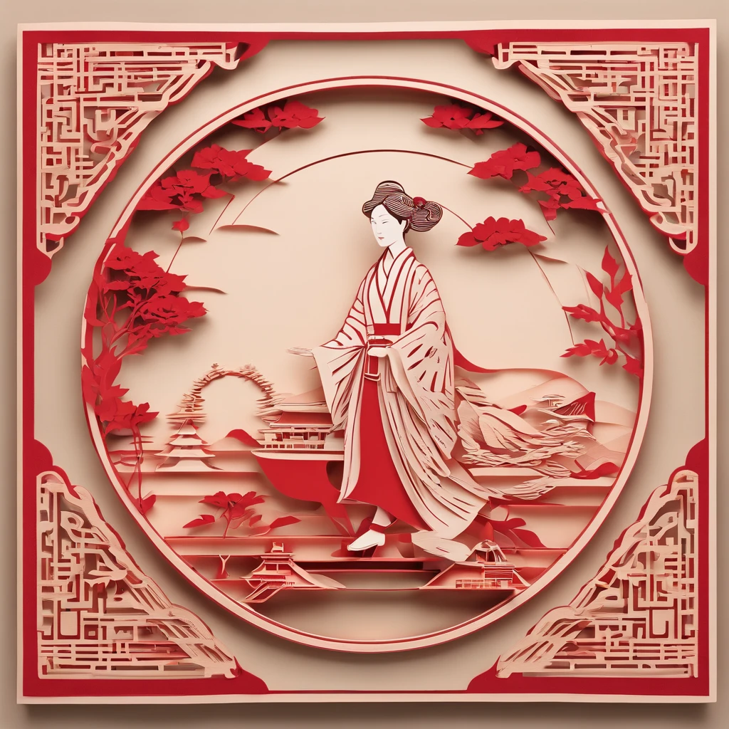 Flat paper cut style,((Ancient Chinese women)),sportrait,red colour,Paper,Color blocking,((round form))