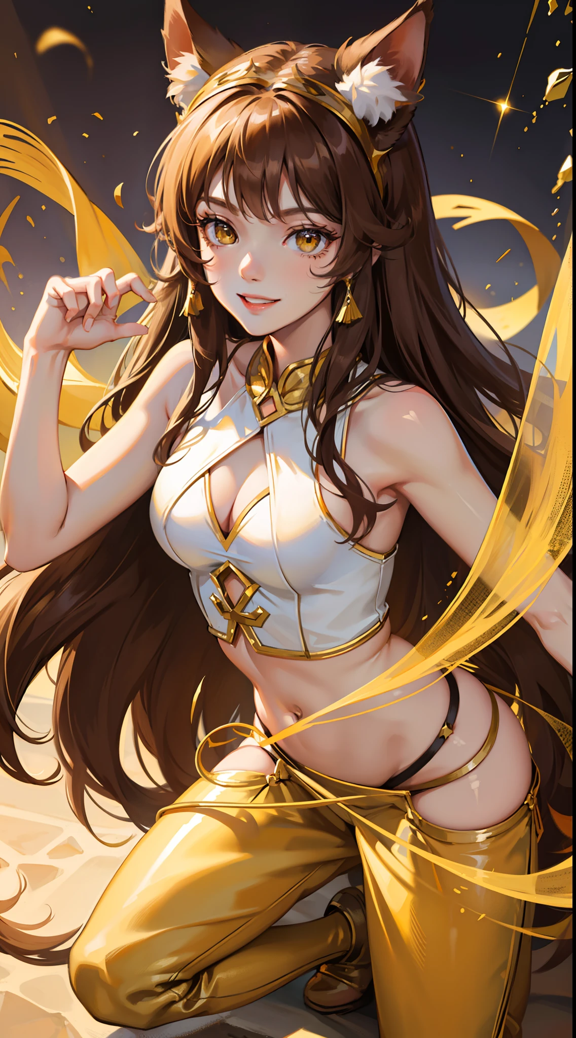 young girl, Long brown hair, cat ears, Yellow eyes, Smile, Brown tight upper, pants, diadem, Gold Elements, She-ra, Masterpiece, hiquality, 4k, HD, Good detail
