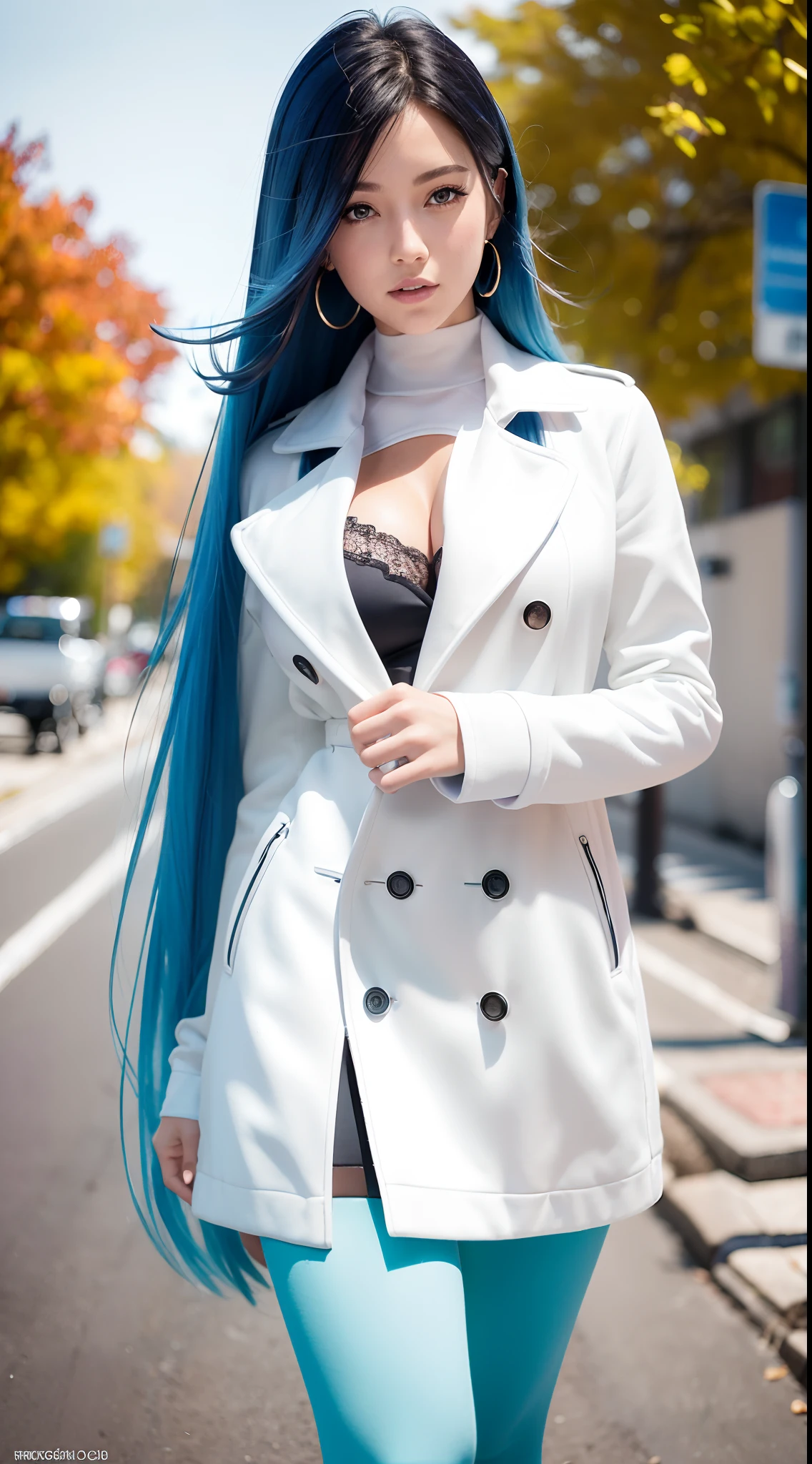 (Best quality,4K,8K,A high resolution,Masterpiece:1.2),Ultra-detailed,(Realistic,Photorealistic,photo-realistic:1.37),Long-range shooting,Blue-haired woman,Hair falls on the left shoulder,Wears a white trench coat lined in red, blackminiskirt,Patterned stockings,High heels,Walking on the street,Portrait,conceptual art,Blurred background,Soft lighting,Vivid tones