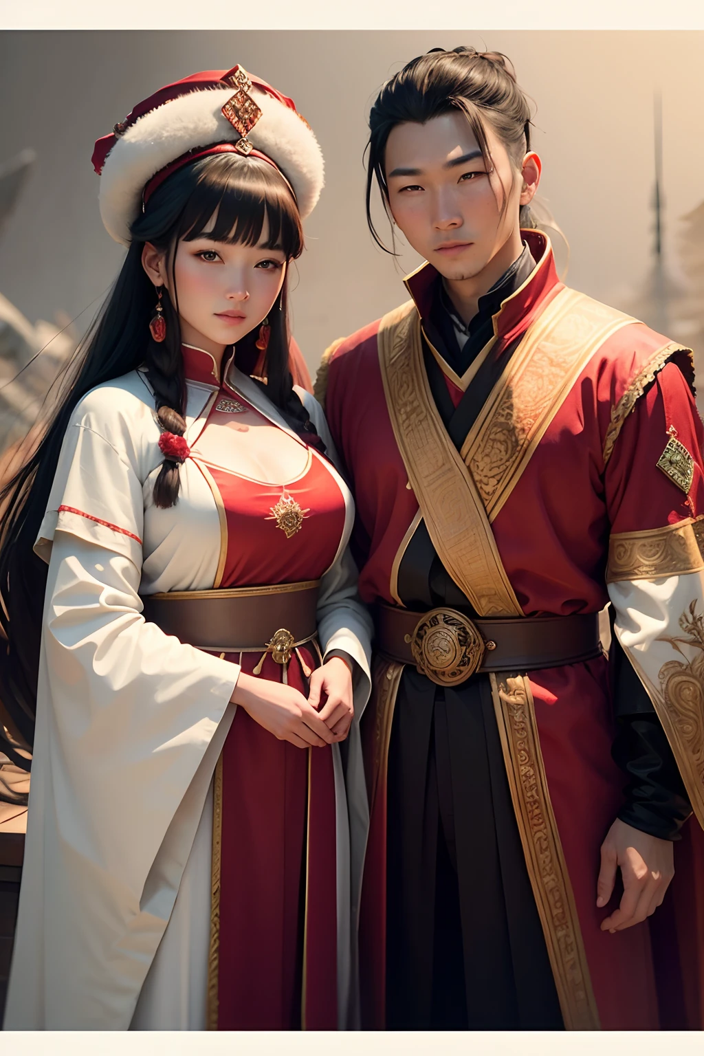 a young man and a woman，The costume beauty on the left wears a red robe in a period costume headdress，On the right is a male Mongolian man, dressed in Mongolian clothing，white backgrounid，very high res，Add details，forward light，brightly