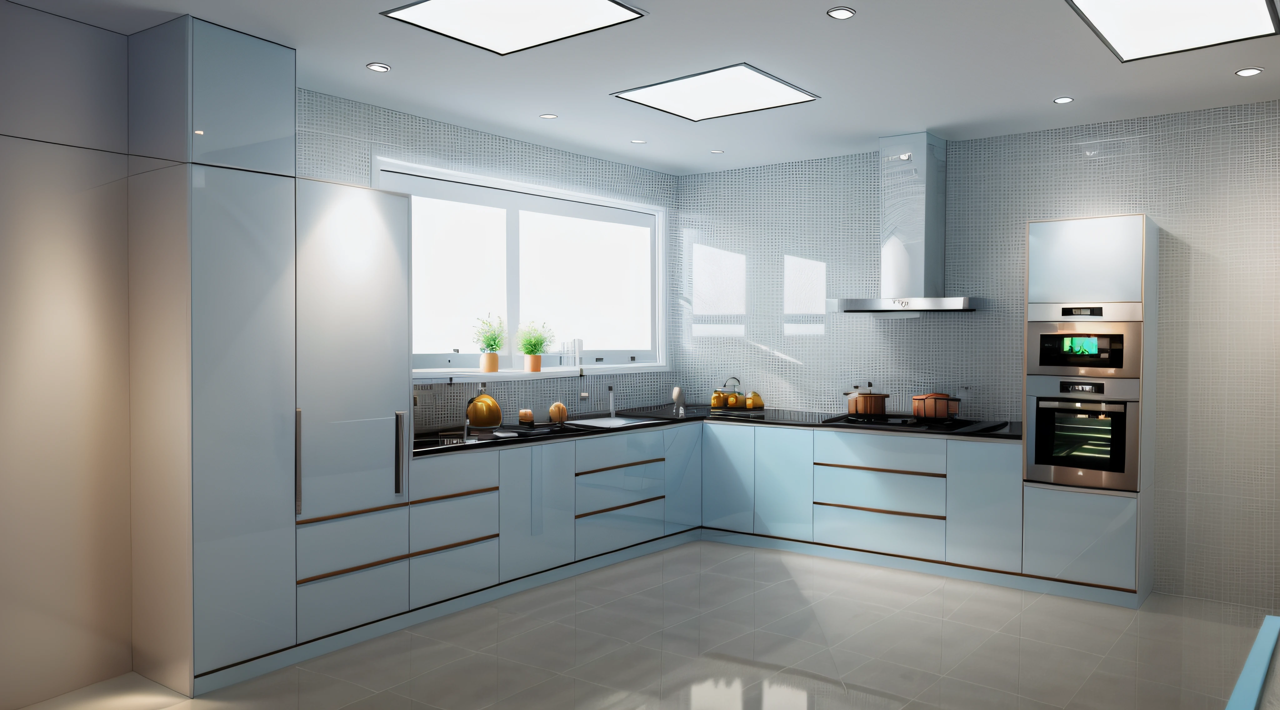 minimalist kitchen, (((glass window))), light from window, glossy mable floor,kitchen appliance,sink, faucet,long kitchen cabinets, archdaily architecture, , 8k uhd, dslr, soft light, high quality, film grain, Fujifilm XT3, food and drinks, (((white wall:1.2))),((sharp lines)),plaster ceiling,(((light blue lower kitchen cabinets:1.2))),White upper kitchen cabinets,((rough wall:1.1)), (nighlight), cinematic lighting,