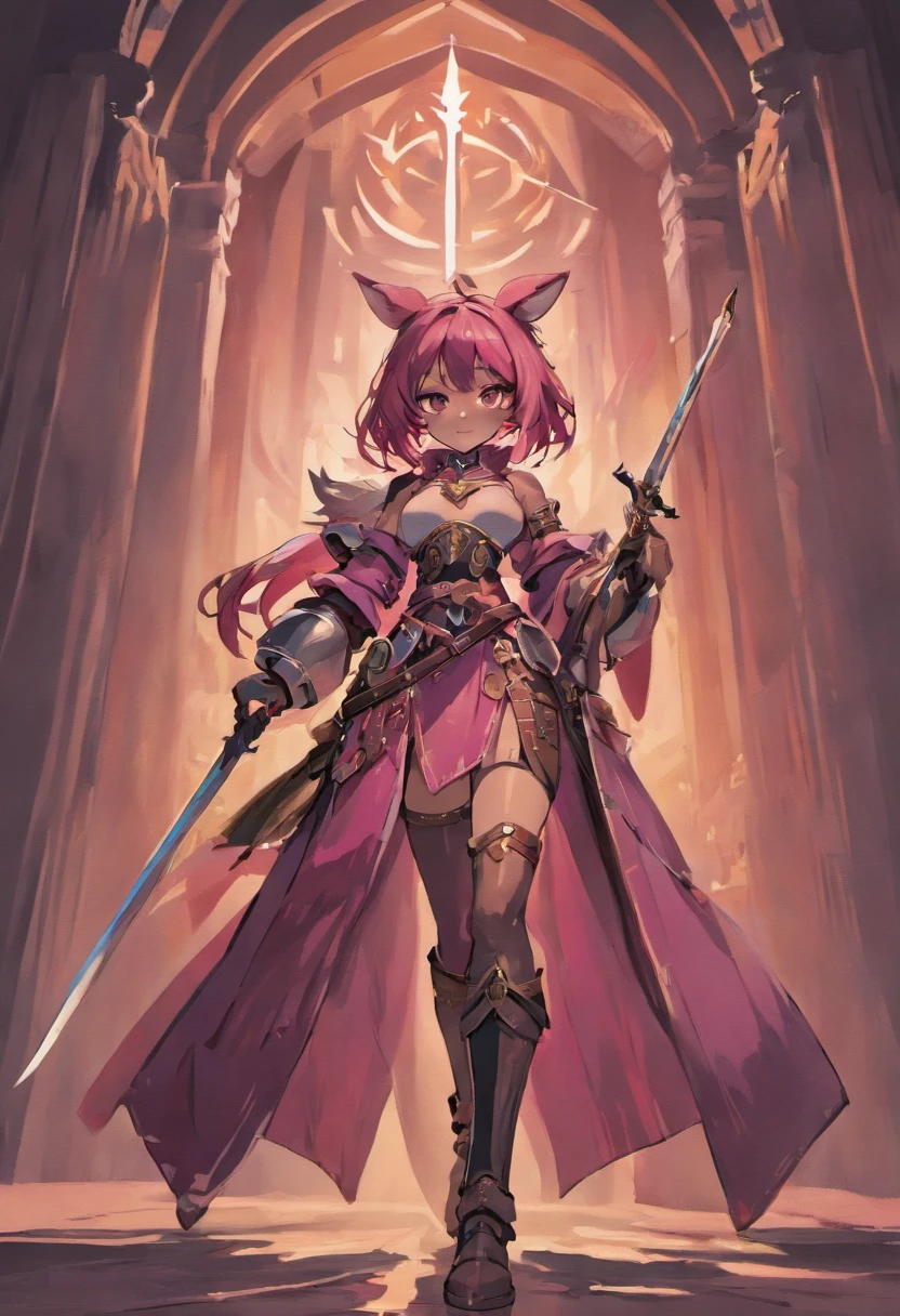 Brown skin girl. Her appearance, large full breasts, appealing, The Right Direction, rabbit ear, cat tail, Magenta hair color, Dark fuchsia eyes, brown skin, Sword in hand, A large tattered cloth like a cloak wrapped around the waist, Chest armor, gauntlet, Black long-sleeved shirt under armor, Chest armor, crow, A properly drawn sword, magic sword, The cloth wrapped around her waist;, A properly drawn sword in the hand, rabbit ear, Cat Tail Digital Painting, digital illustration, Extreme detail, digital art, Knight's armor, Loose fluffy pants, Metal boots, Fully gloved. The cloth wrapped around her waist;. Holding a sword in both hands.