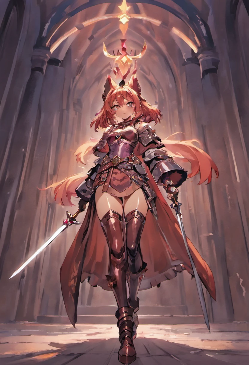 Brown skin girl. Her appearance, large full breasts, appealing, The Right Direction, rabbit ear, cat tail, Magenta hair color, Dark fuchsia eyes, brown skin, Sword in hand, A large tattered cloth like a cloak wrapped around the waist, Chest armor, gauntlet, Black long-sleeved shirt under armor, Chest armor, crow, A properly drawn sword, magic sword, The cloth wrapped around her waist;, A properly drawn sword in the hand, rabbit ear, Cat Tail Digital Painting, digital illustration, Extreme detail, digital art, Knight's armor, Loose fluffy pants, Metal boots, Fully gloved. The cloth wrapped around her waist;. Holding a sword in both hands.