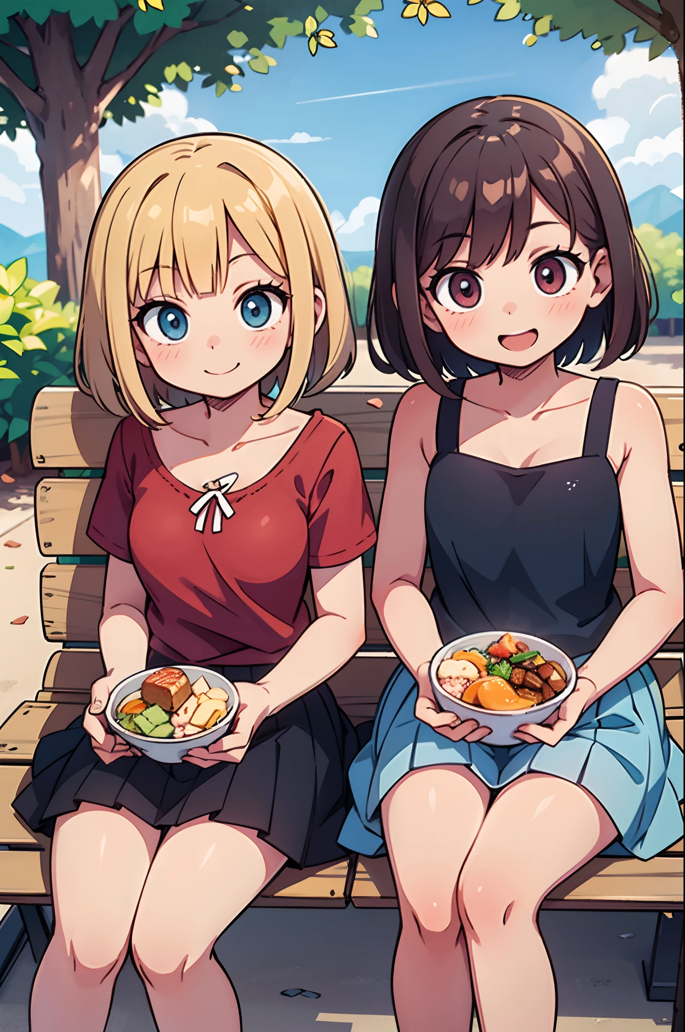 longshot、Smiling faces of two cute girls、Sit on a park bench in summer and eat lunch