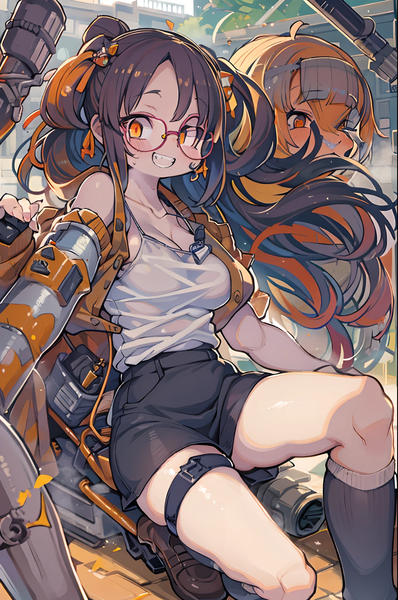 masutepiece, Best Quality, 1girl in, Sharp eyes, Smile,rocket launcher、big round glasses,Camisole、Jagged teeth