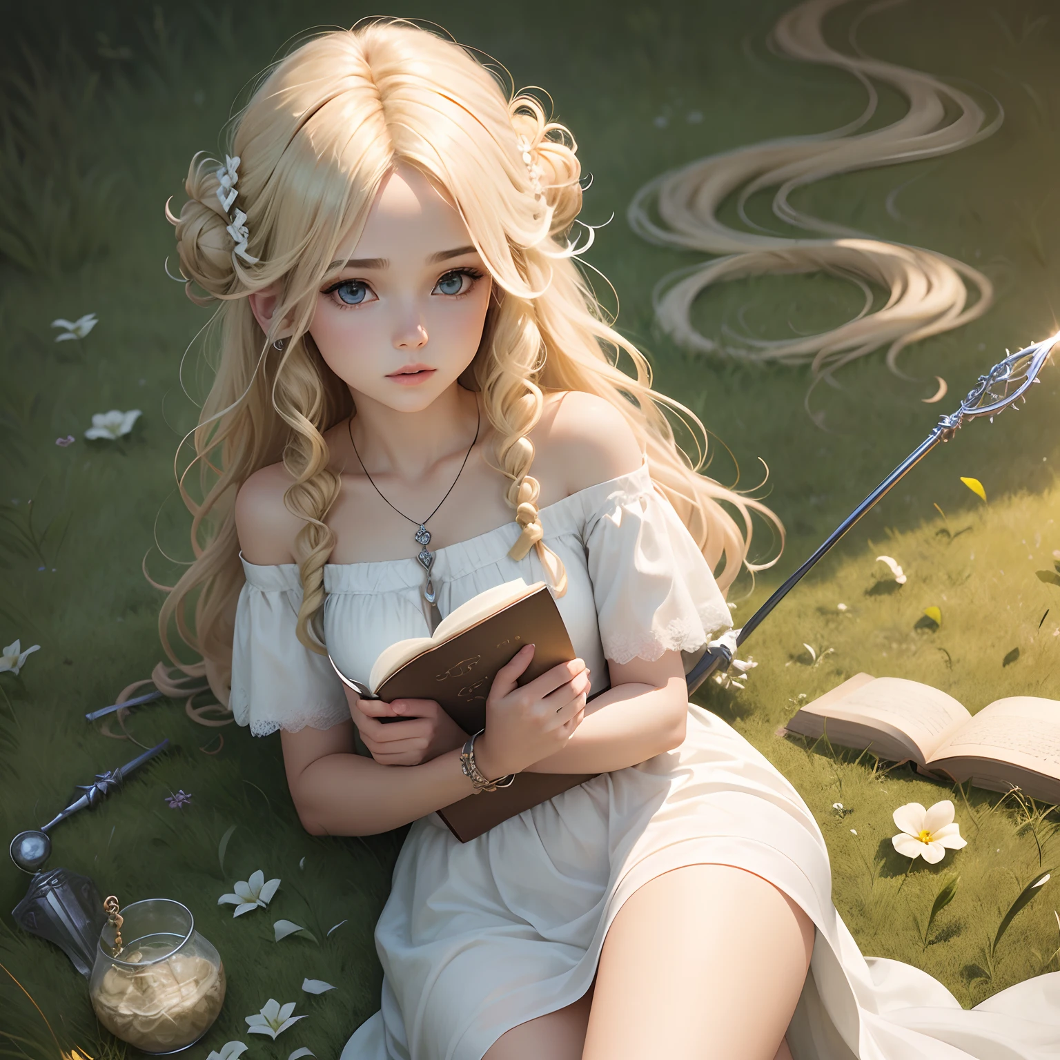 High quality, realistic angelic beautiful girl in a grass with a curly and blonde hair and long,white, wearing white dress,with bracelet ang with piercing,holding a book and a wand, angelic face and eyes