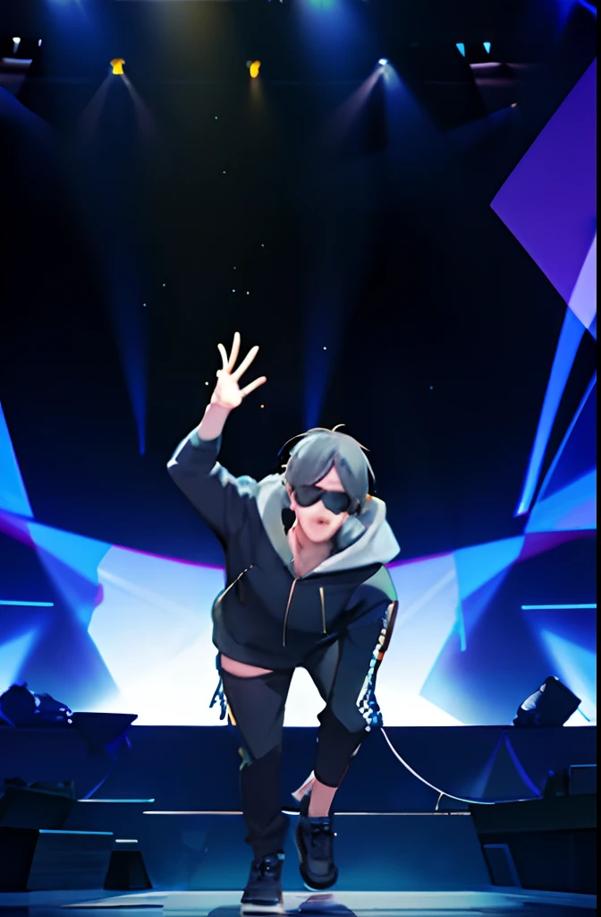 a boy with grey hair singing on stage with light show, wearing a hoodie and sunglasses while having a head mic