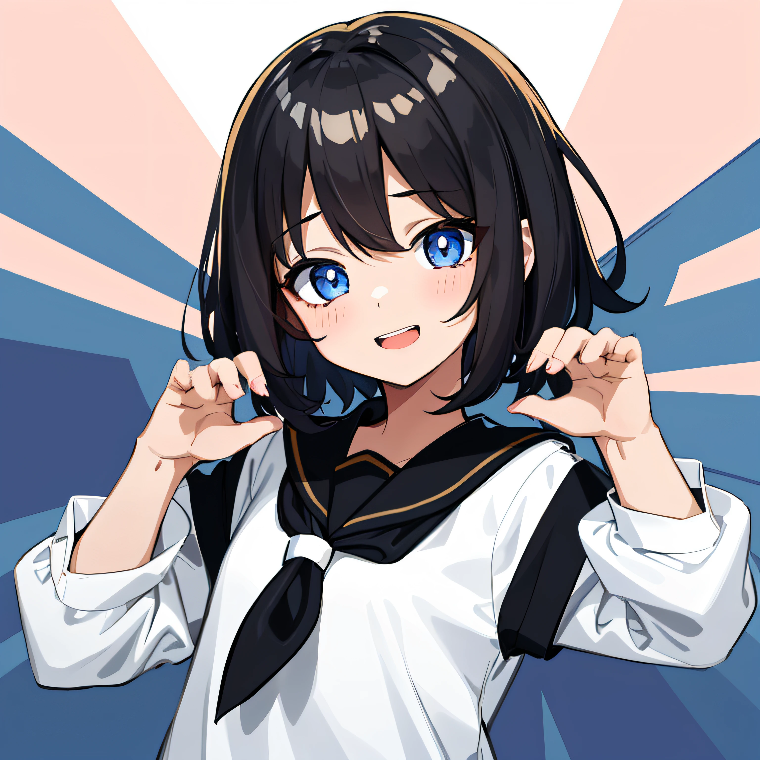 top-quality, ​masterpiece, portrait of cute girl, ((独奏)), 1girl in, (Black medium hair), Black hair, Blue eyes, cute little, white backgrounid, ((Happiness)), Chibi,hi-school girl、high-school uniform、,a sailor suit