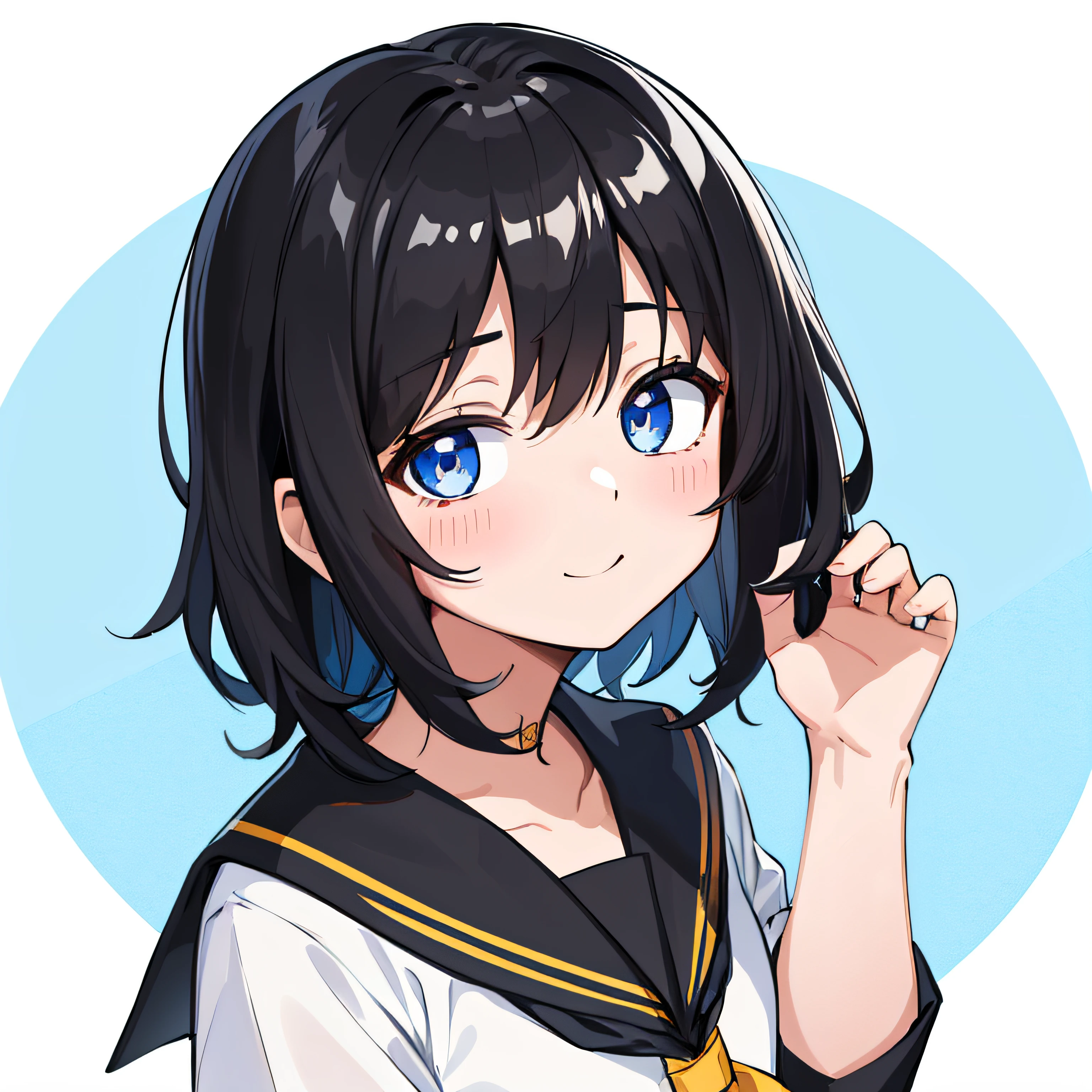 top-quality, ​masterpiece, portrait of cute girl, ((独奏)), 1girl in, (Black medium hair), Black hair, Blue eyes, cute little, white backgrounid, ((Happiness)), Chibi,hi-school girl、high-school uniform、,a sailor suit