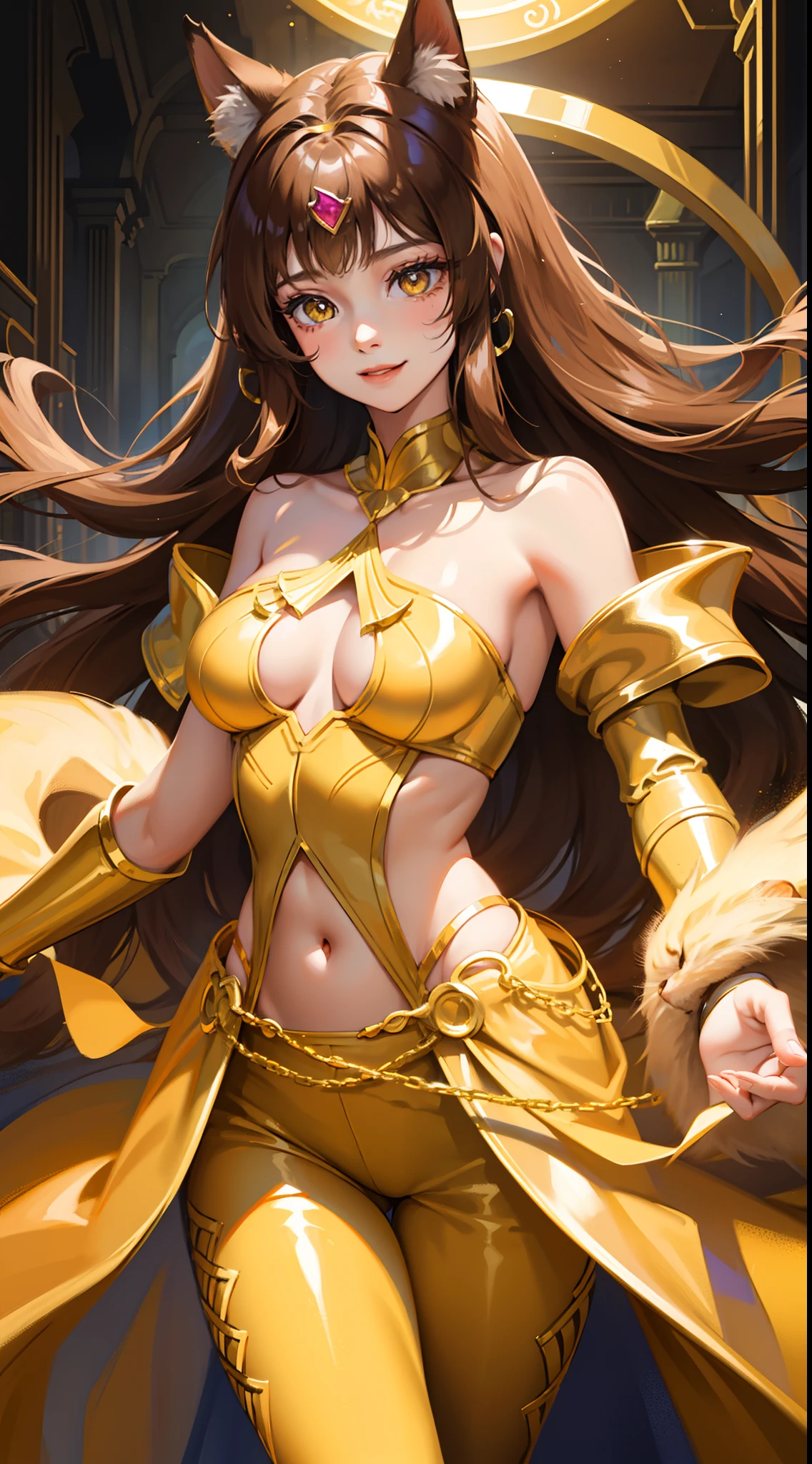 young girl, Long brown hair, cat ears, Yellow eyes, Smile, Brown tight upper, pants, diadem, Gold Elements, She-ra, Masterpiece, hiquality, 4k, HD, Good detail