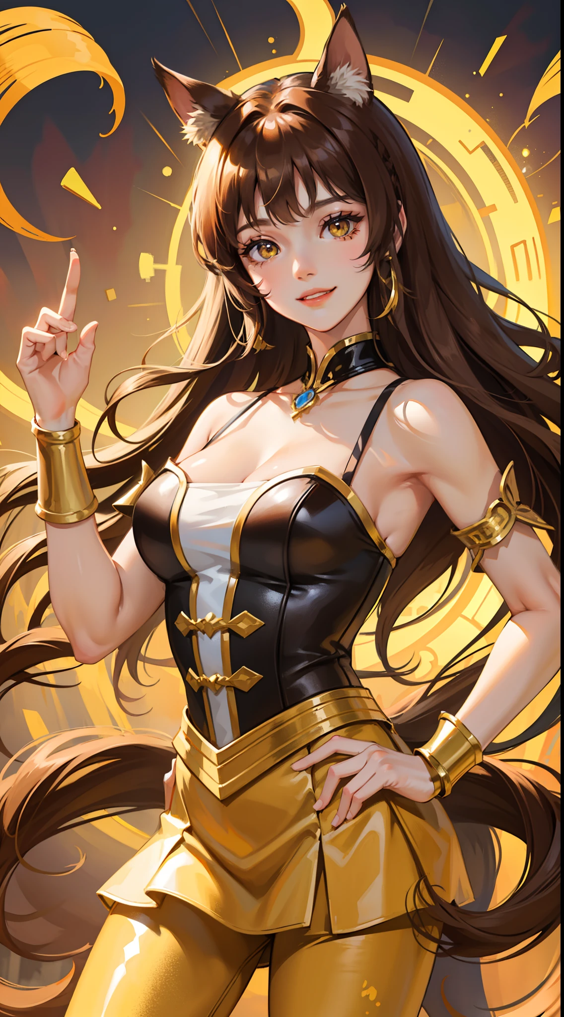young girl, Long brown hair, cat ears, Yellow eyes, Smile, Brown tight upper, pants, diadem, Gold Elements, She-ra, Masterpiece, hiquality, 4k, HD, Good detail
