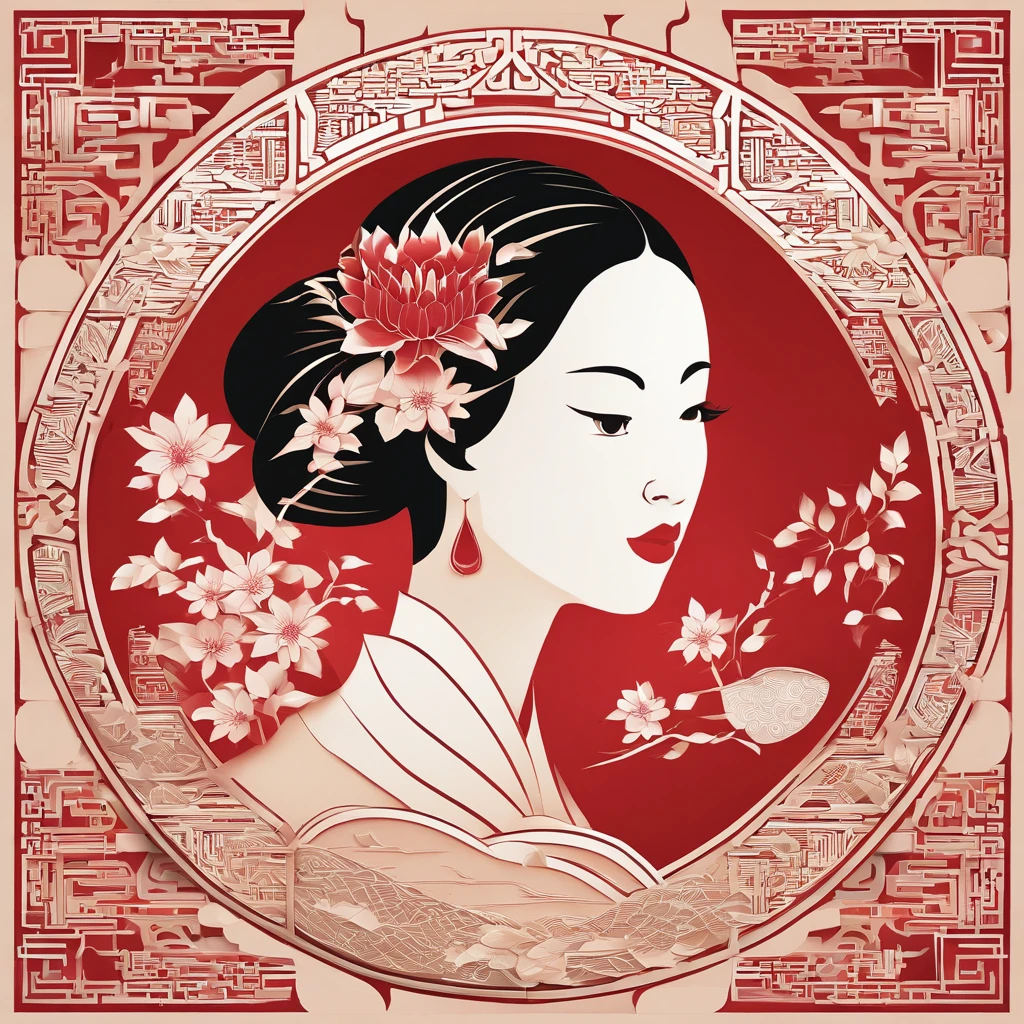 Flat paper cut style，((Ancient Chinese women))，sportrait，red colour，Paper，Color blocking，((round form))