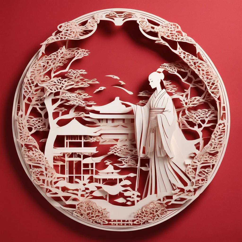 Flat paper cut style,((Ancient Chinese women)),sportrait,red colour,Paper,Color blocking,((round form))