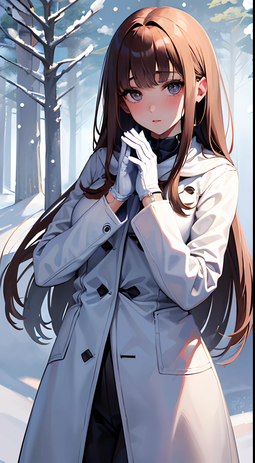 1womanl, (up of face:1.5), light brown hair, Blunt bangs, hair behind ear, hair over shoulder, Long hair, slender body shape, Ultra Fine Face, Thin face, Delicate lips, (beautidful eyes:1.5), thin blush, eyes are light brown,View here, Ultra-thin hands, Ultra-fine fingers, best ratio four finger and one thumb, (realisitic:1.3), white longcoat, muffler , gloves、Coniferous forest with heavy snowfall, It's snowing .One-person viewpoint, 8K, masutepiece, nffsw, Super Detail, High quality, Best Quality, hight resolution,