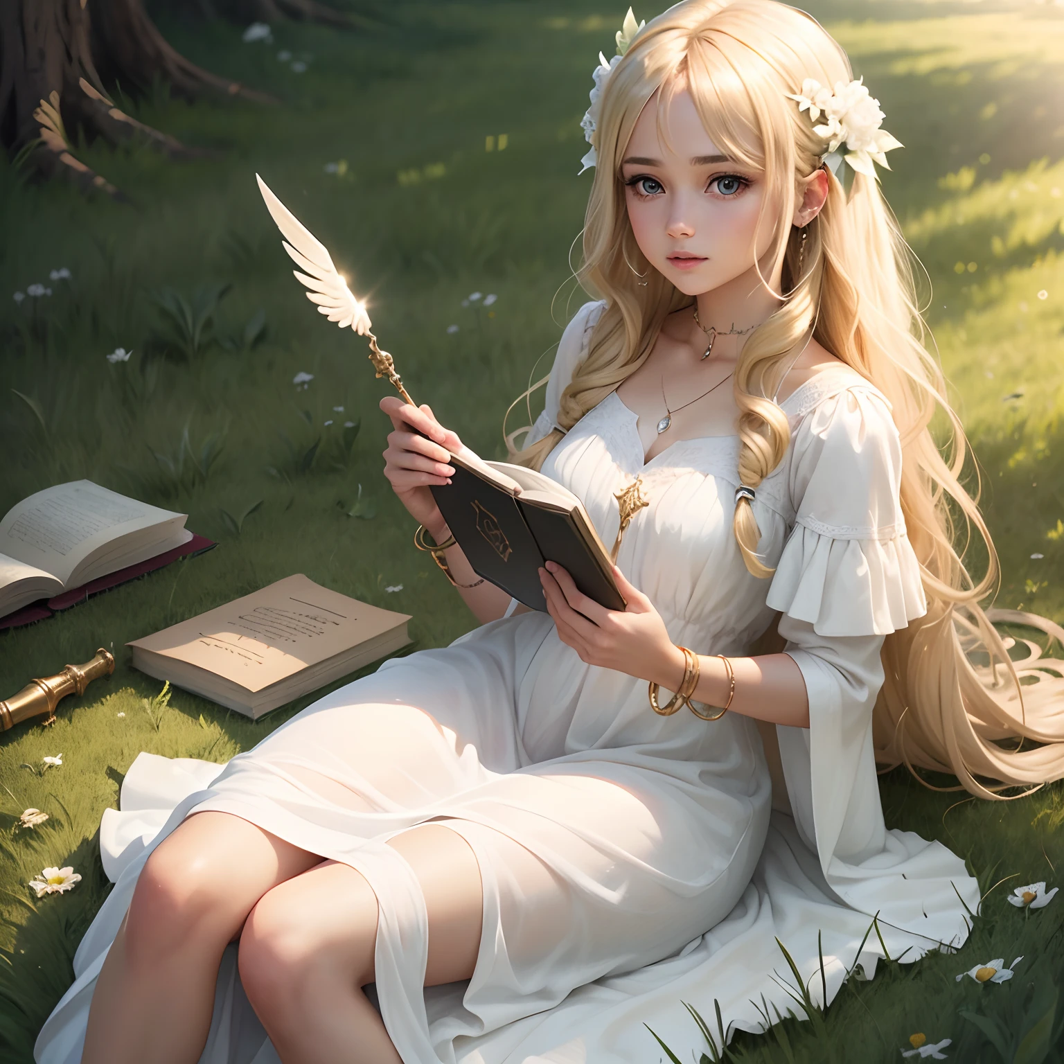 High quality, realistic angelic beautiful girl in a grass with a curly and blonde hair and long,white, wearing white dress,with bracelet ang with piercing,holding a book and a wand, angelic face and eyes