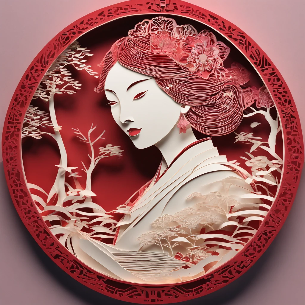 Flat paper cut style，((Ancient Chinese women))，sportrait，red colour，Paper，Color blocking，((round form))