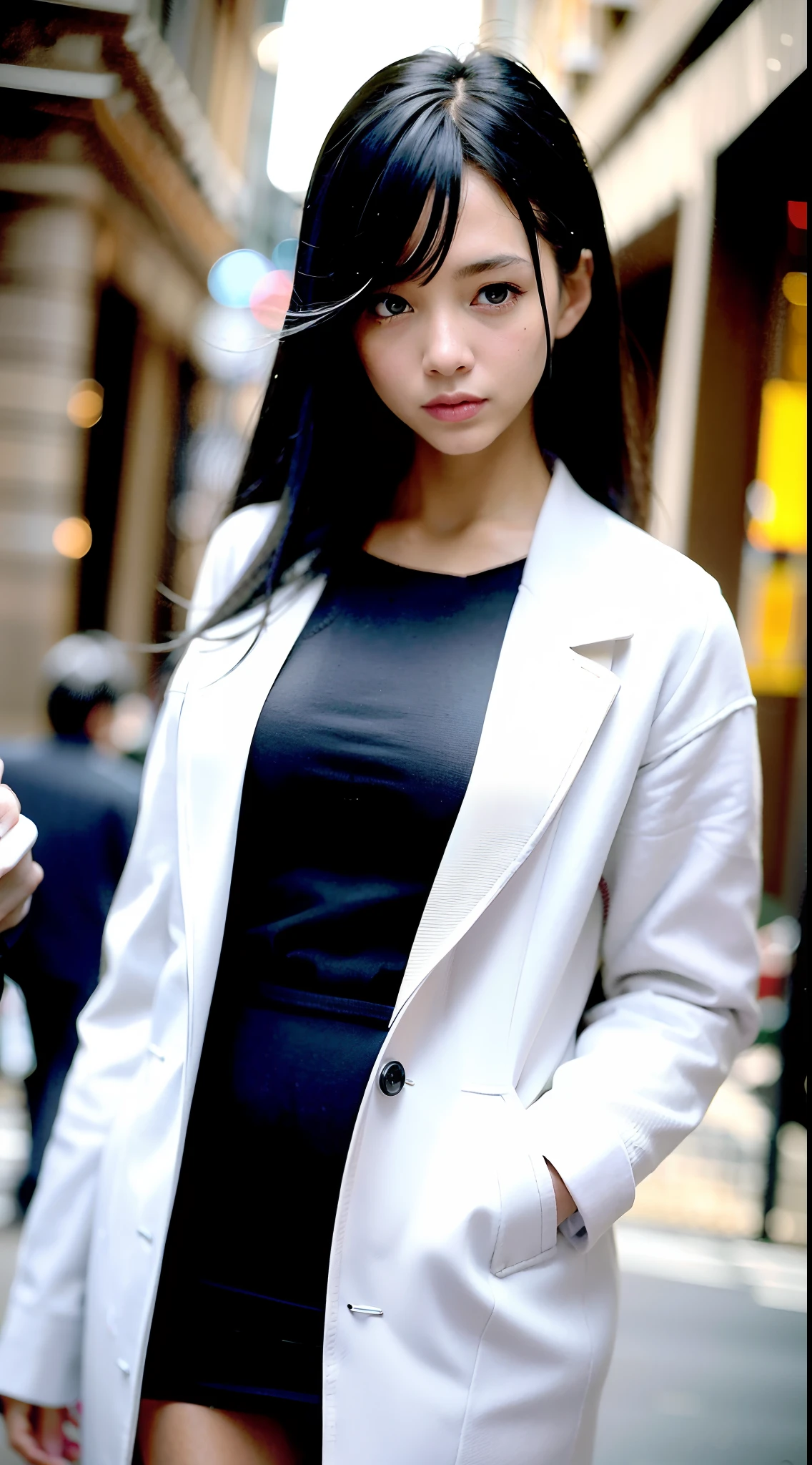 (Best quality,4K,8K,A high resolution,Masterpiece:1.2),Ultra-detailed,(Realistic,Photorealistic,photo-realistic:1.37),Long-range shooting,Blue-haired woman,Hair falls on the left shoulder,Wears a white trench coat lined in red, blackminiskirt,Patterned stockings,High heels,Walking on the street,Portrait,conceptual art,Blurred background,Soft lighting,Vivid tones