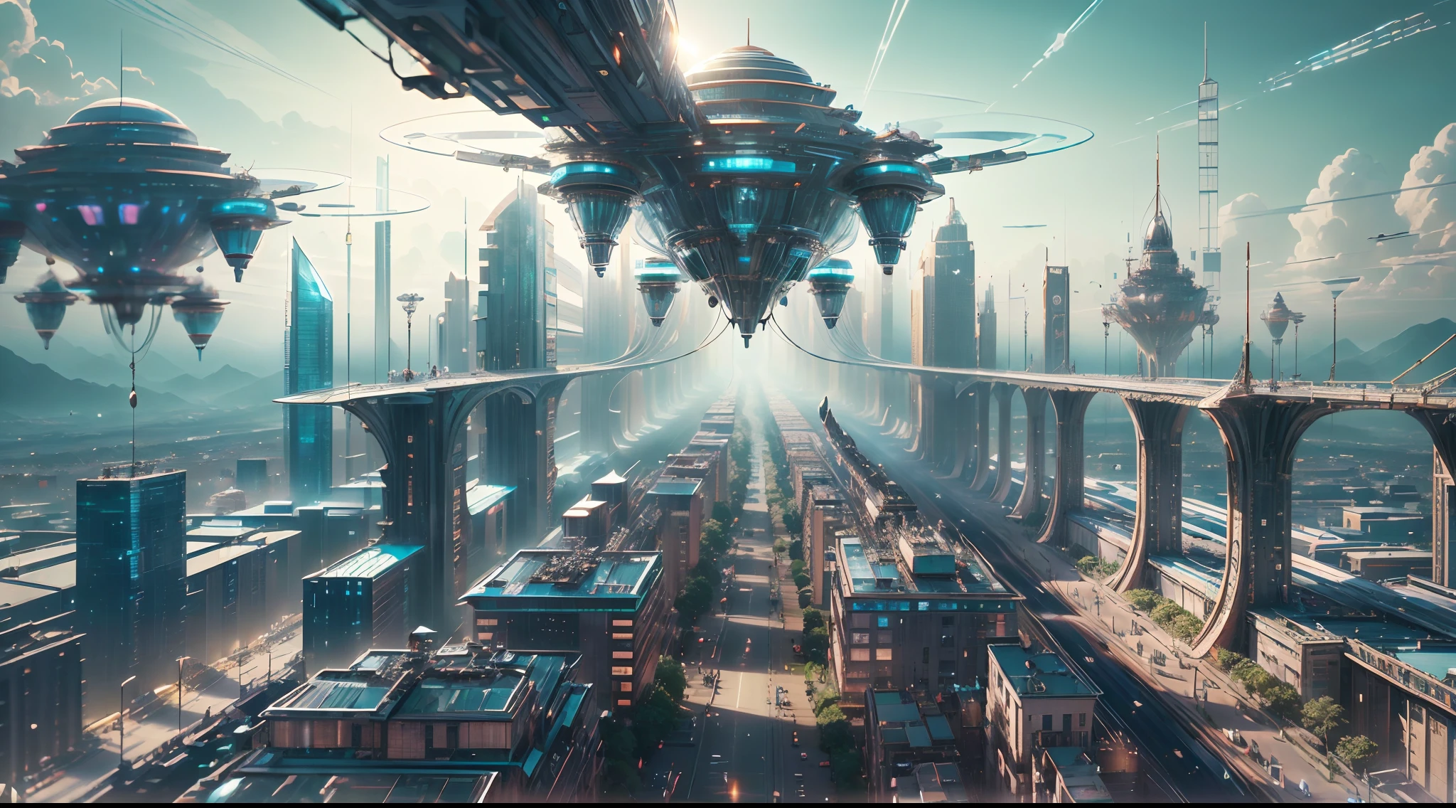 A wide angle shot of a futuristic highly detailed metallic and glossy African designed spaceship flying  above a futuristic African kingdom, with highly detailed metallic and glossy african designed sculptures and infrastructure, highly detailed metallic and glossy speed trains on flyover roads,  highly detailed metallic and glossy neon lit billboard buildings, highly detailed metallic and glossy flying cars in the area, highly detailed metallic and glossy drones in the sky, African people dressed in african designed clothes walking, bright daylight shining beautifully, with iridescent light, hyper-realistic image, 32k, ultra HD, cinematic lighting, artgerm style, highly detailed images, vibrant and beautiful colours, --auto --s2