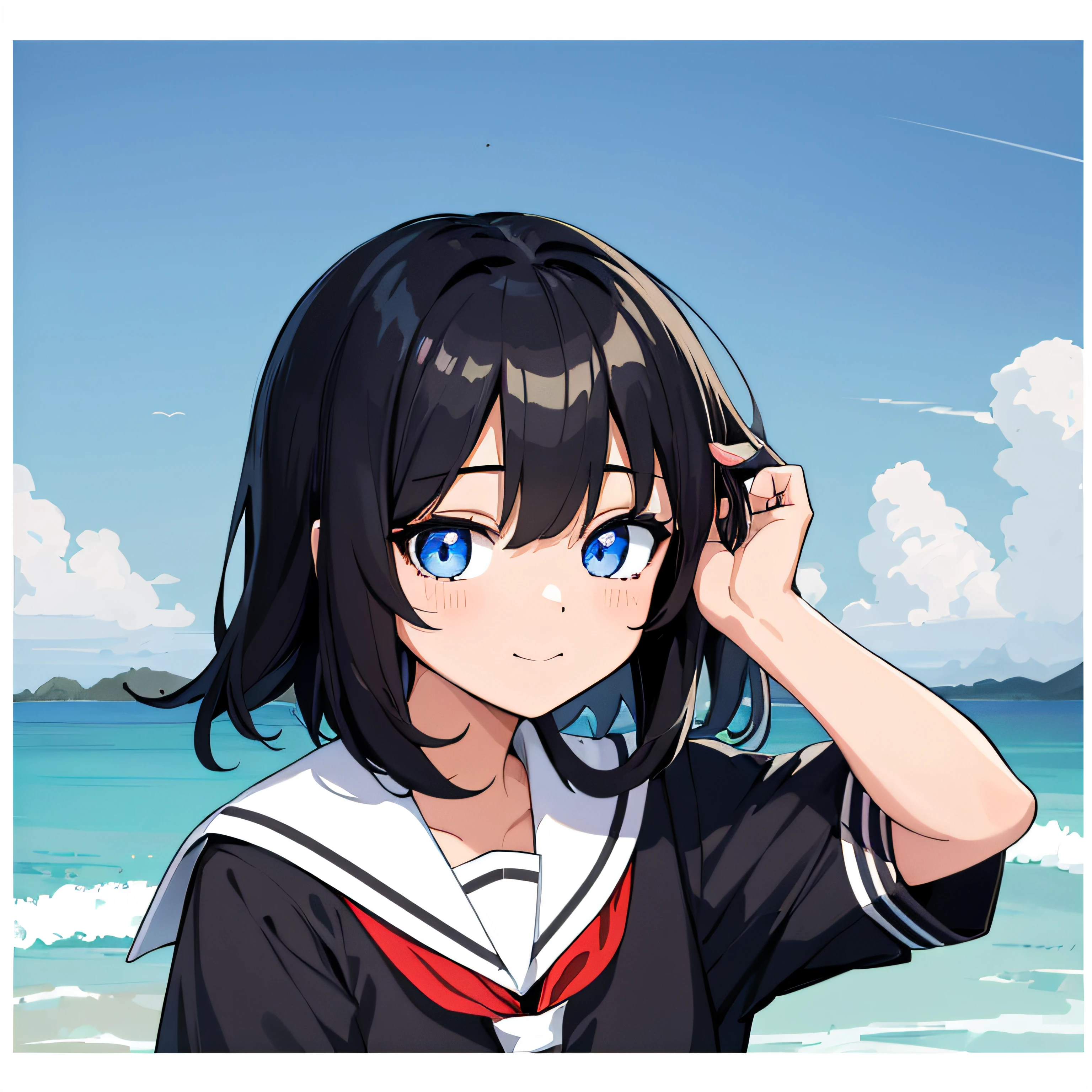 top-quality, masterpiece, portrait of cute girl, ((独奏)), 1girl in, (Black medium hair), Black hair, Blue eyes, cute little, white backgrounid, ((Happiness)), Chibi,hi-school girl、high-school uniform、summer clothing,a sailor suit