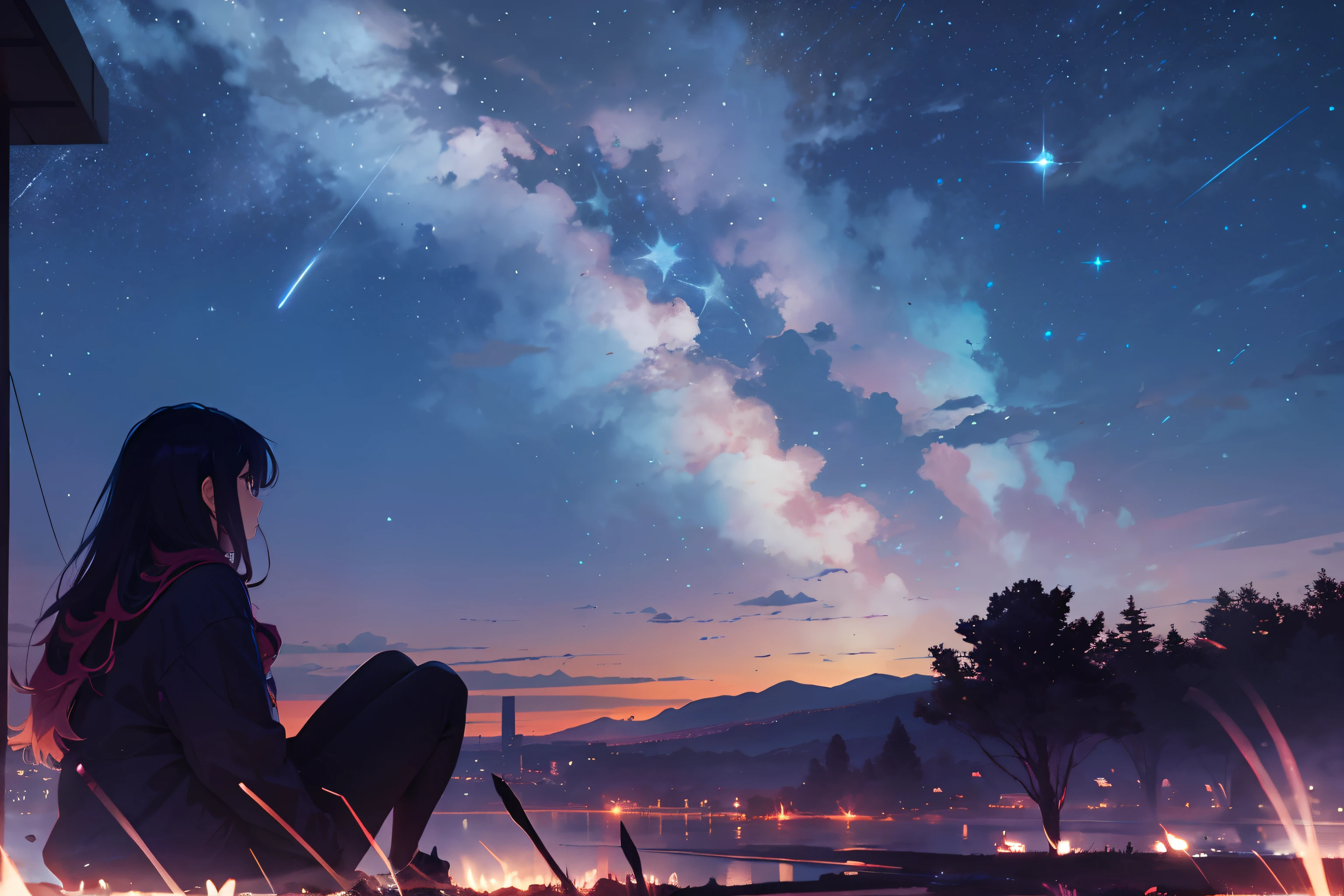 octans, sky, star (sky), scenery, starry sky, night, 1girl, night sky, solo, outdoors, building, cloud, milky way, sitting, tree, long hair, city, silhouette, cityscape,Accurate facial expressions