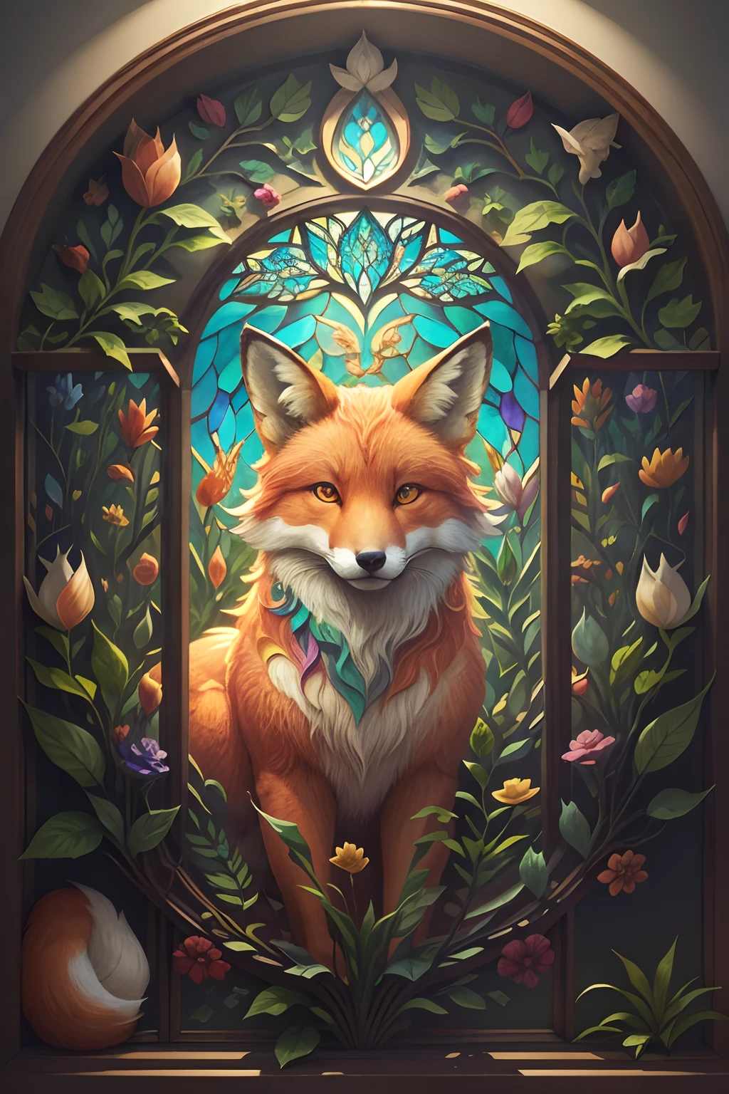 A vitral window, art noveau style, paper art, with colorful nature motives and a big fox in the middle, rounded upside, photorealistic