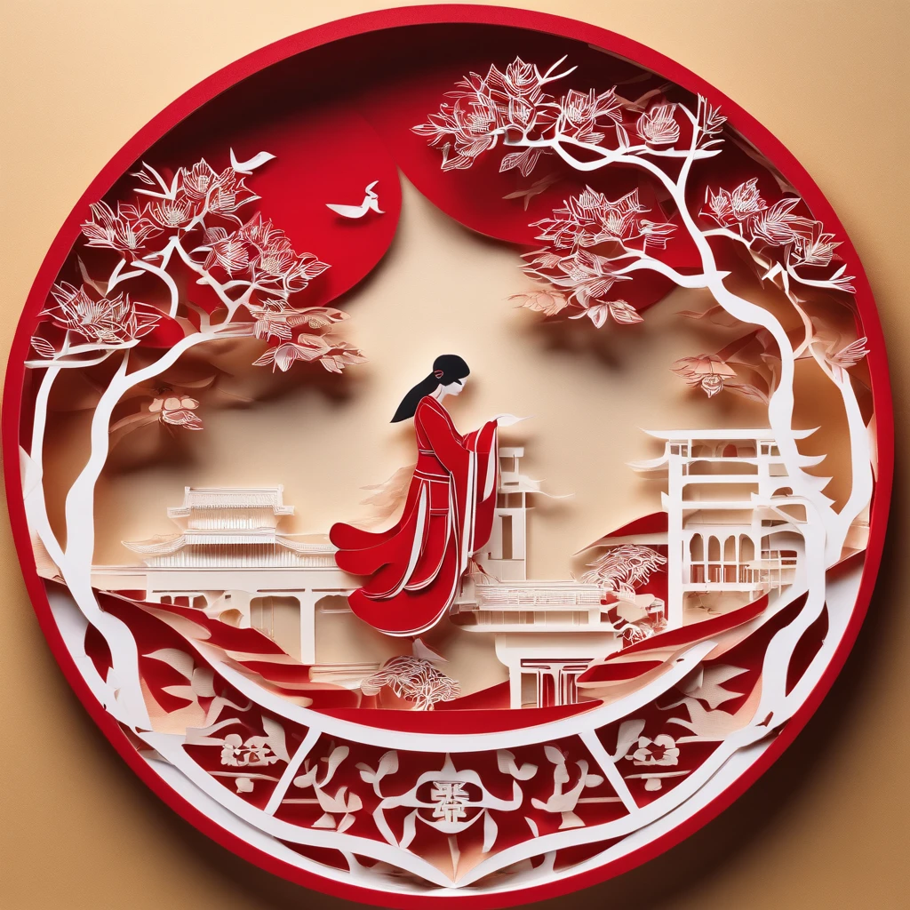 Flat paper cut style，((Ancient Chinese women))，sportrait，red colour，Paper，Color blocking，((round form))