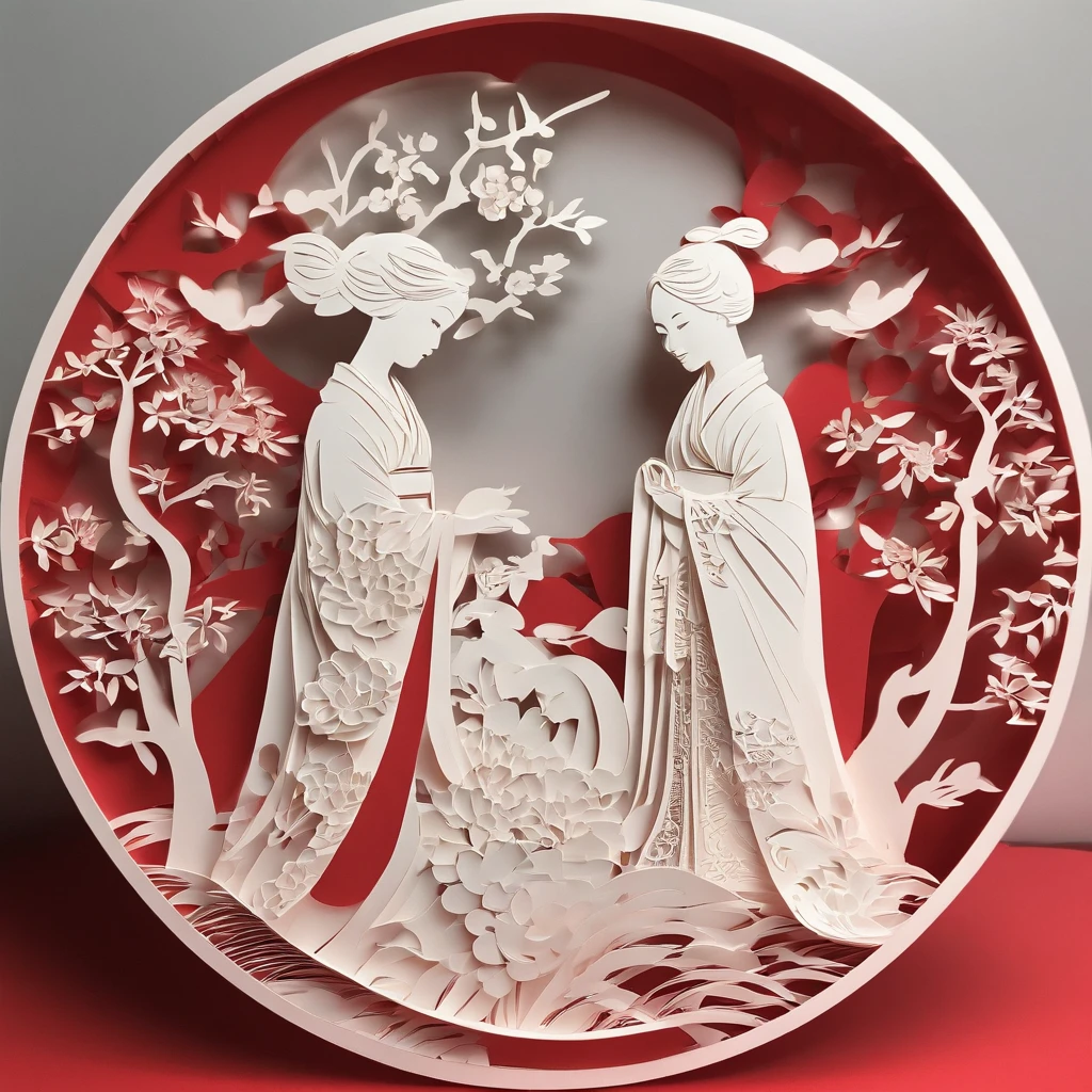 Flat paper cut style,((Ancient Chinese women)),sportrait,red colour,Paper,Color blocking,((round form))