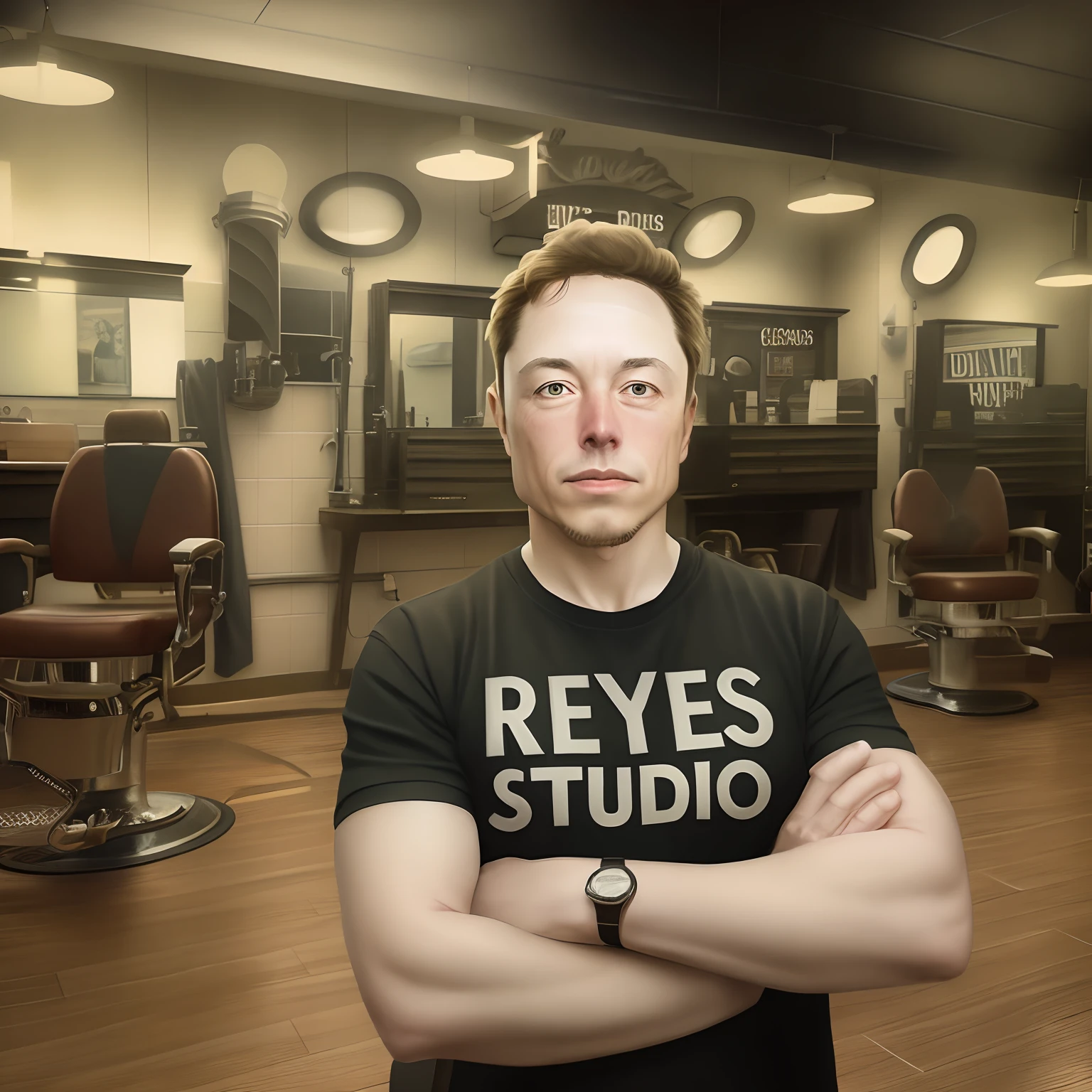Generates a digital image of Elon Musk in a confident pose, with his arms crossed, wearing a black t-shirt with the inscription “REYES STUDIO” on the chest. The background of the scene must represent an authentic barbershop, with characteristic elements such as a classic vintage barber chair, antique mirrors, and traditional decoration details, epic realistic photography, hyperrealistic.