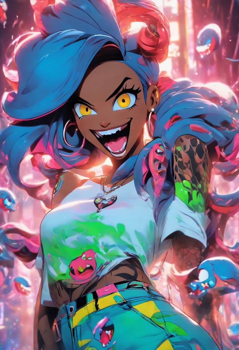 Gruesome and spooky details、An atmosphere full of suspense and tension、Psychological horror、Cute Smile、Clowns and circus atmosphere、A terrifying moment、Psychedelic dream scenario、Alice in Wonderland、Enthusiastic atmosphere、Mischievous Smile、Expressive gestures、Comical movement、Rainbow Hair、Leopard print underwear,sexy,Small bra and panties、