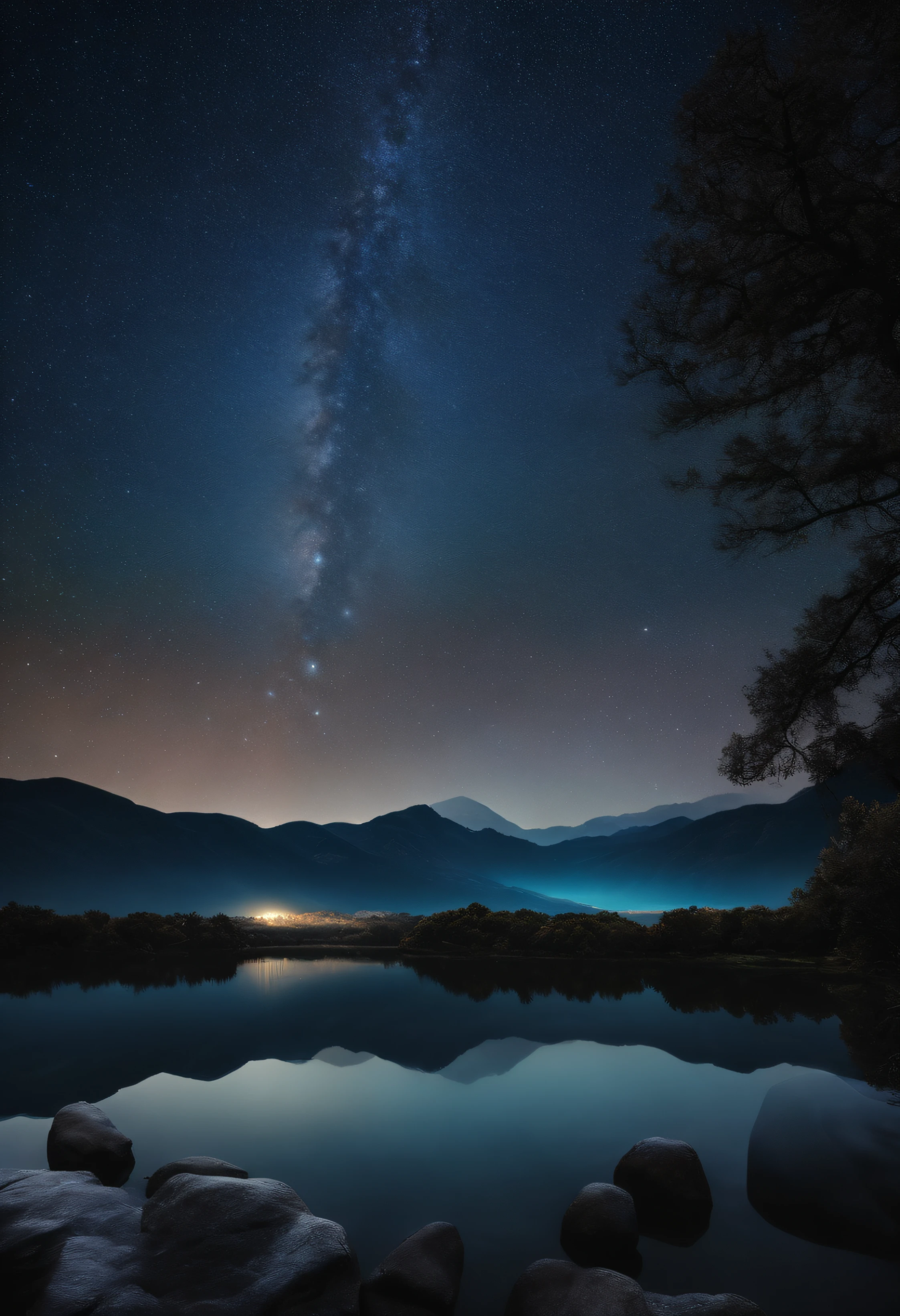 master part、qualidade superior、Qualidade de imagem superior、Qualidade 8k、、Beautiful illustration of starry sky、Duas belas estrelas cadentes、genial、lago、Muitos vagalumes、