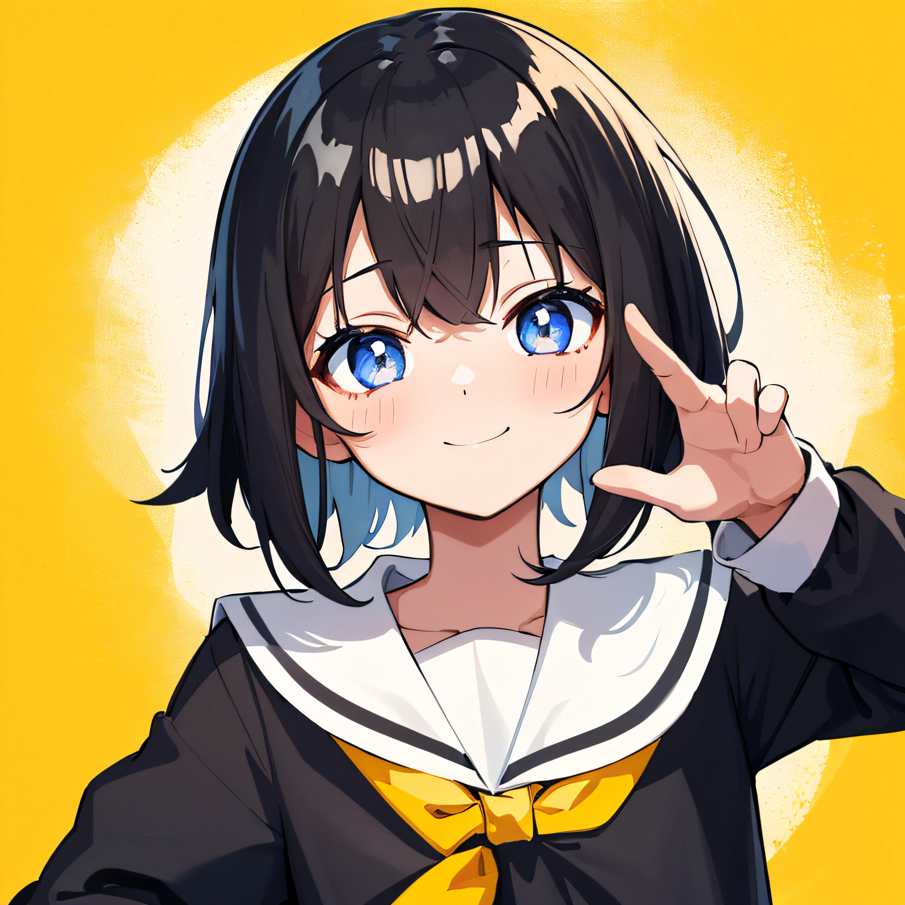 top-quality, ​masterpiece, portrait of cute girl, ((独奏)), 1girl in, (Black medium hair), Black hair, Blue eyes, cute little, white backgrounid, ((Happiness)), Chibi,hi-school girl、high-school uniform、summer clothing,a sailor suit