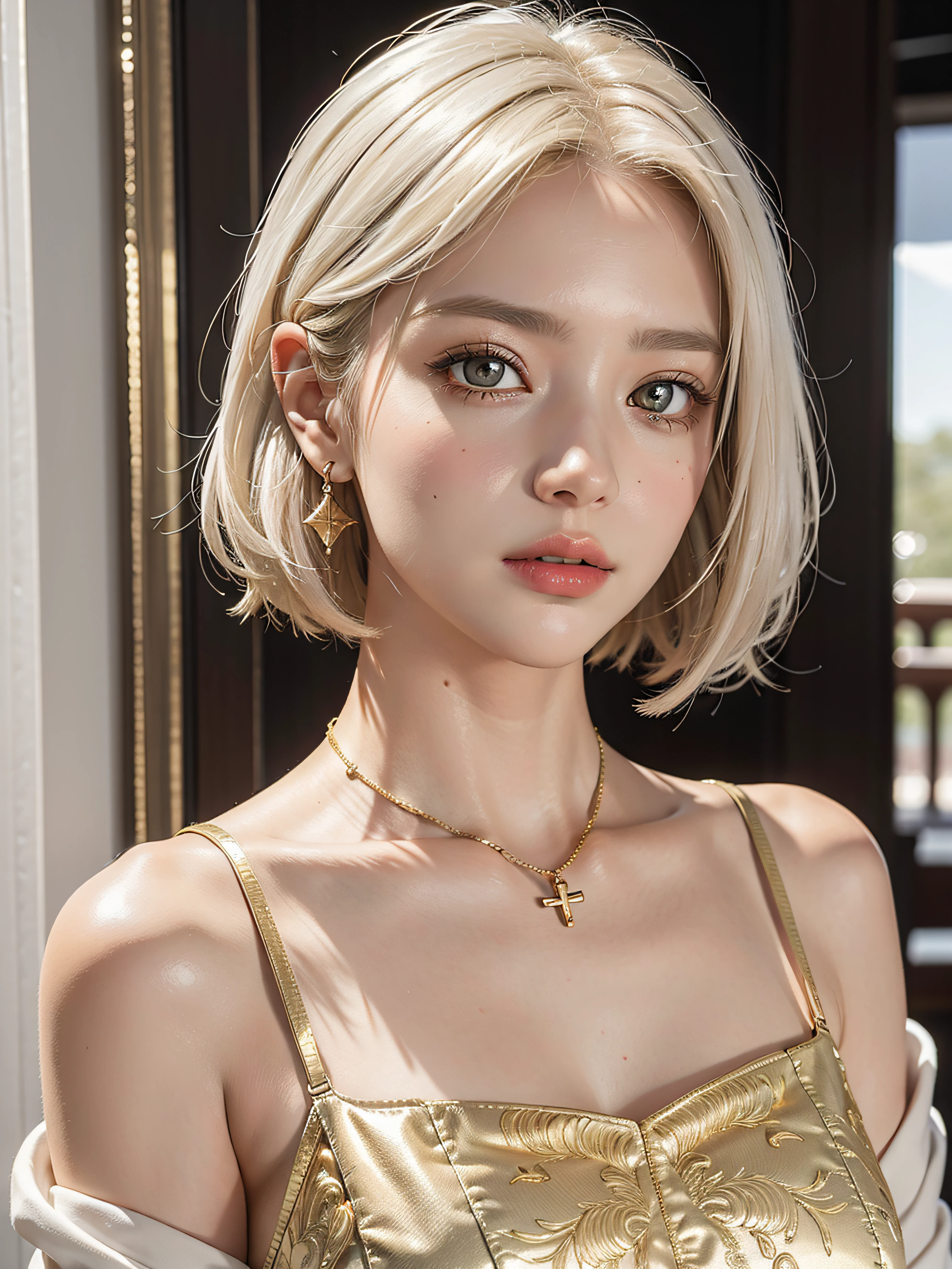 masterpiece, photorealistic, beautiful golden eyes and white ,gold dress and white hair,short hair ,