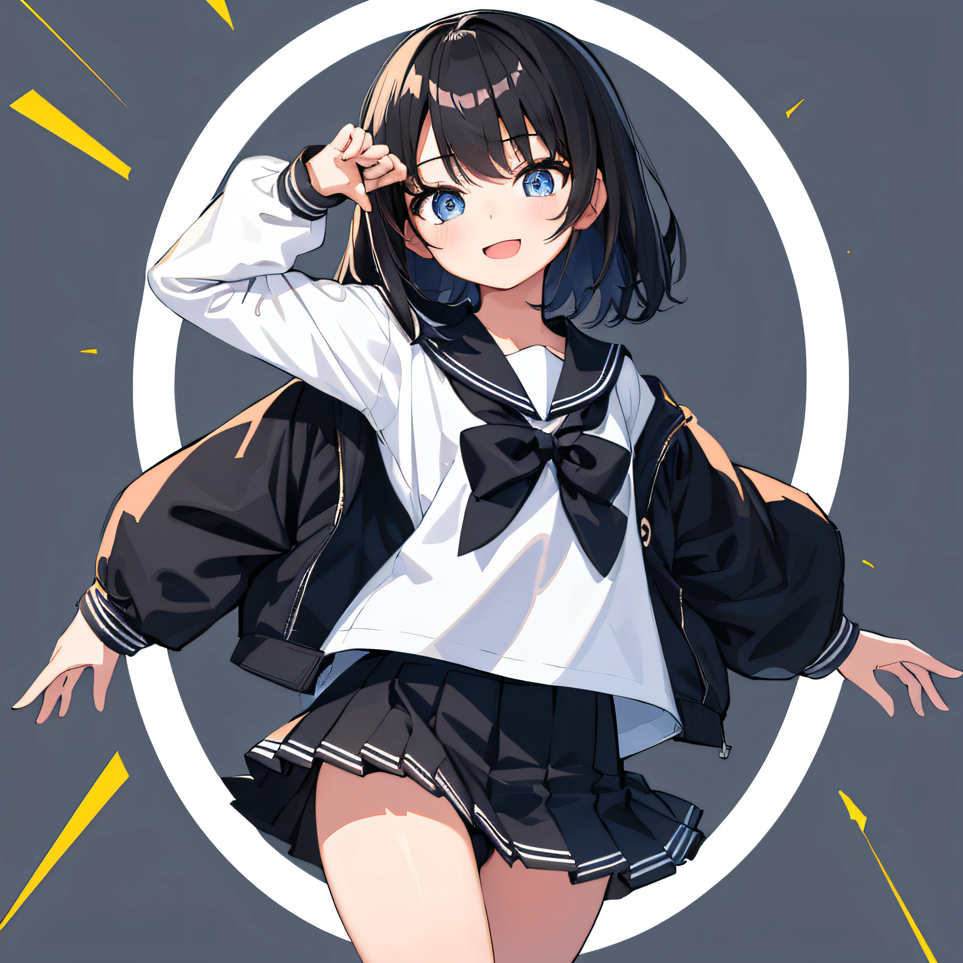 top-quality, ​masterpiece, portrait of cute girl, ((独奏)), 1girl in, (Black medium hair), Black hair, Blue eyes, cute little, white backgrounid, ((Happiness)), Chibi,hi-school girl、high-school uniform、summer clothing,a sailor suit