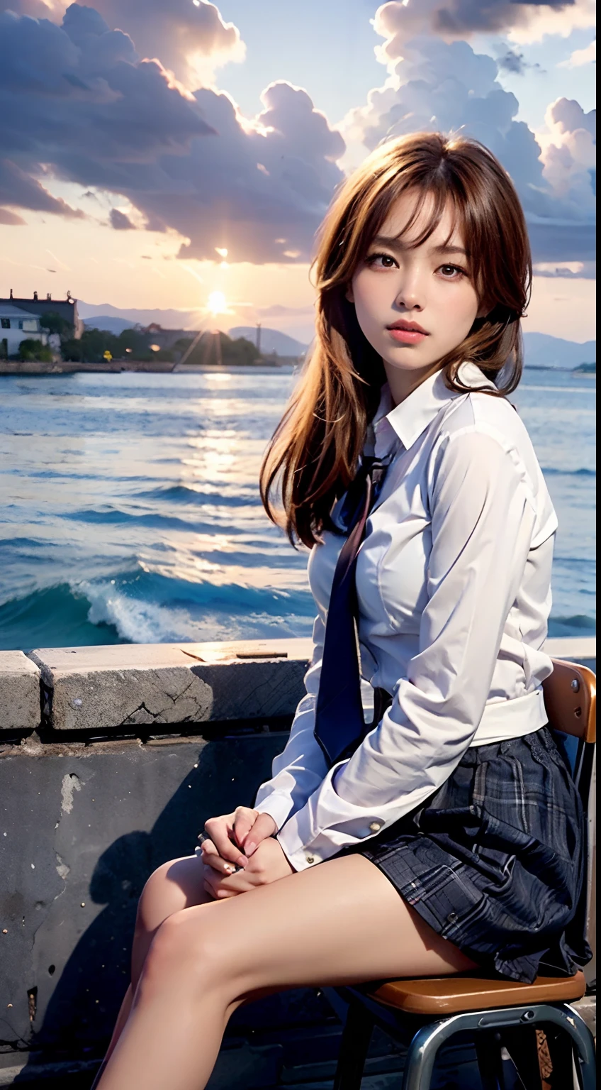 (Best quality, High resolution, Masterpiece :1.3), A pretty woman, (Best quality, High resolution, Masterpiece :1.3), A pretty woman,
Against the backdrop of an orange-tinted sunset sky with clouds and the sun sinking into the sea, there is a beautiful high school girl in a school uniform sitting. Her hair is light brown, and it’s in a medium bob style. She’s wearing a white blouse and pleated skirt as part of her uniform. She’s sitting with her legs apart, and her gaze is directed towards the camera. Please create this scene from a low-angle shot.