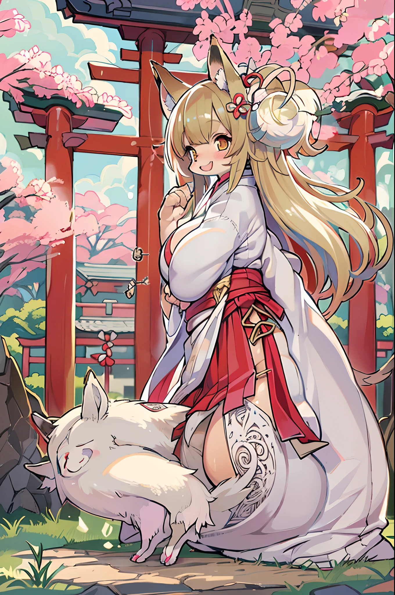Fox Woman、body covered with fur、huge-breasted、kawaii、shrine maiden、Japan white clothes,Red Hakama、torii gate,summer day、((High Position))、A big smile、bbw、thick thight、big butts、Ultramammy,Chibi,Nanachi