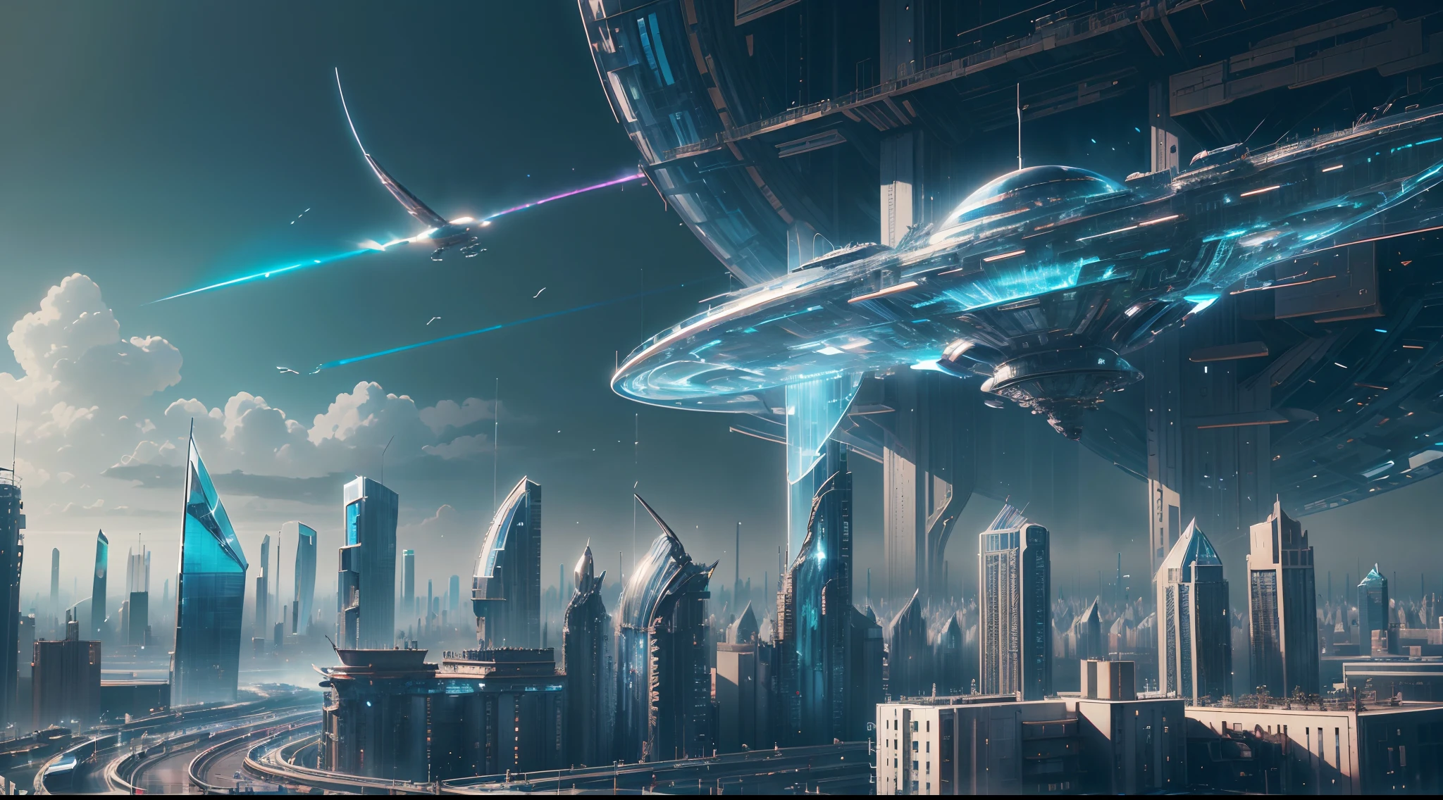 A wide angle shot of a futuristic highly detailed metallic and glossy African designed spaceship flying above a futuristic African kingdom, with highly detailed metallic and glossy african designed sculptures and infrastructure, highly detailed metallic and glossy speed trains on flyover roads, highly detailed metallic and glossy neon lit billboard buildings, highly detailed metallic and glossy flying cars in the area, highly detailed metallic and glossy drones in the sky, African people dressed in african designed clothes walking, bright daylight shining beautifully, with iridescent light, hyper-realistic image, 32k, ultra HD, cinematic lighting, artgerm style, highly detailed images, vibrant and beautiful colours, --auto --s2