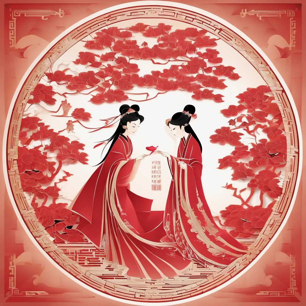 Flat paper cut style，((Ancient Chinese women))，sportrait，red colour，Paper，Color blocking，((round form))